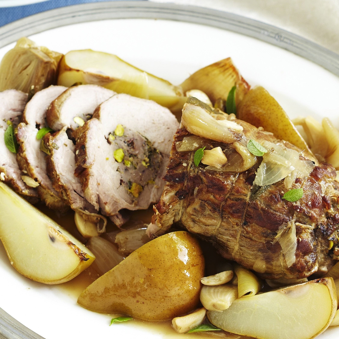 Slow cooker pork neck with cider and pear