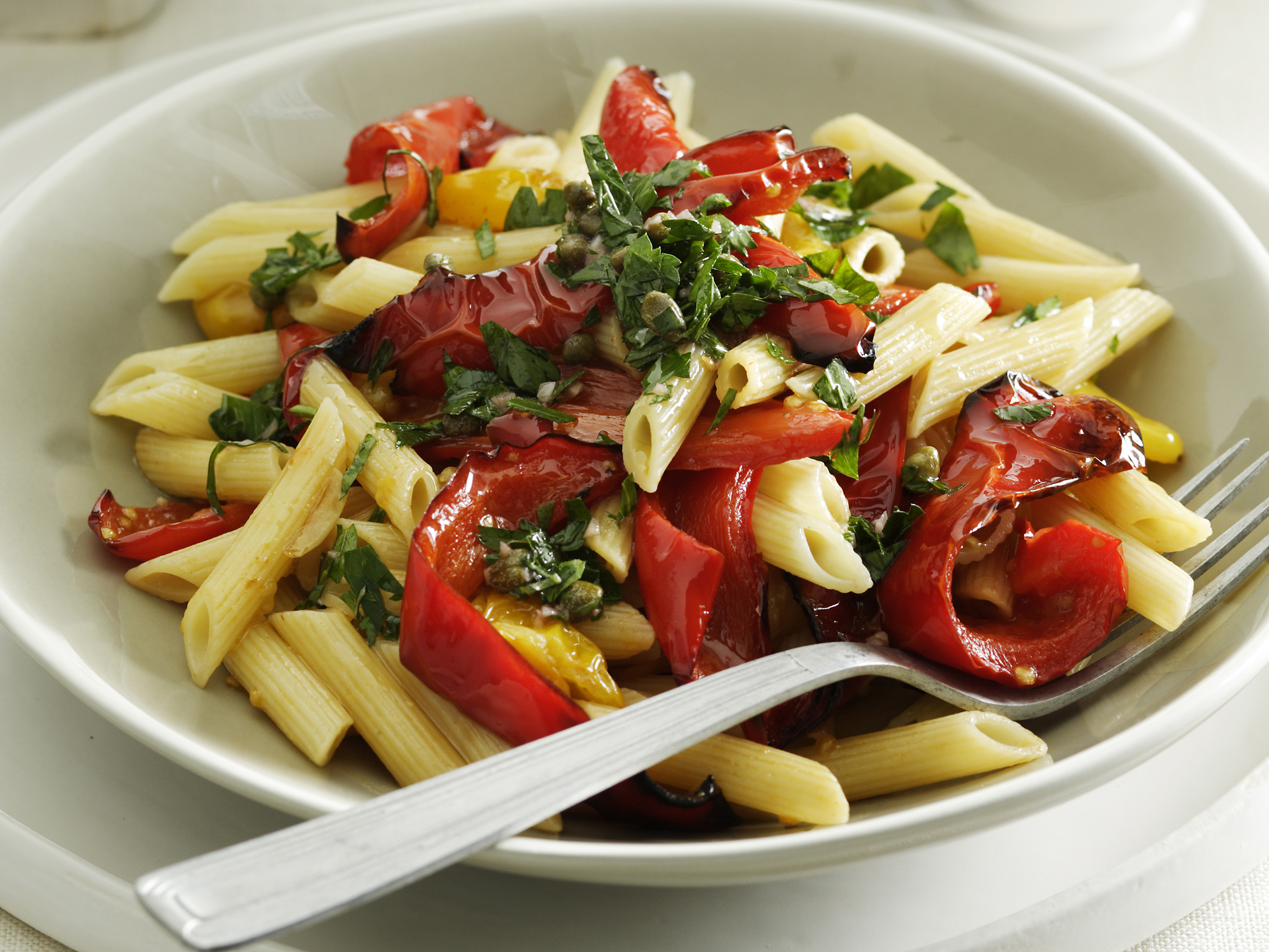 Roasted Capsicum and Tomato Pasta with Salsa Verde