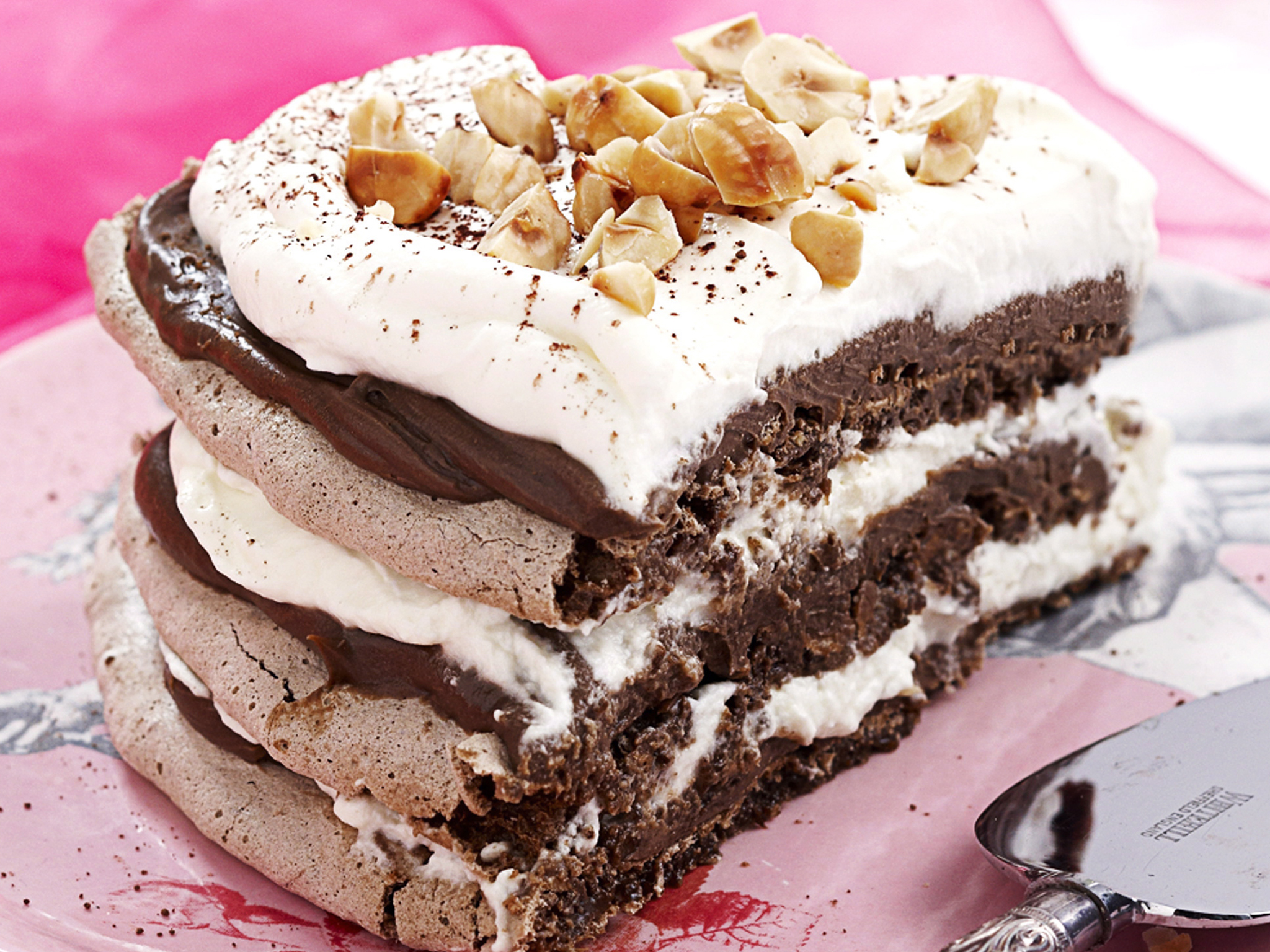 Chocolate and hazelnut meringue torte
