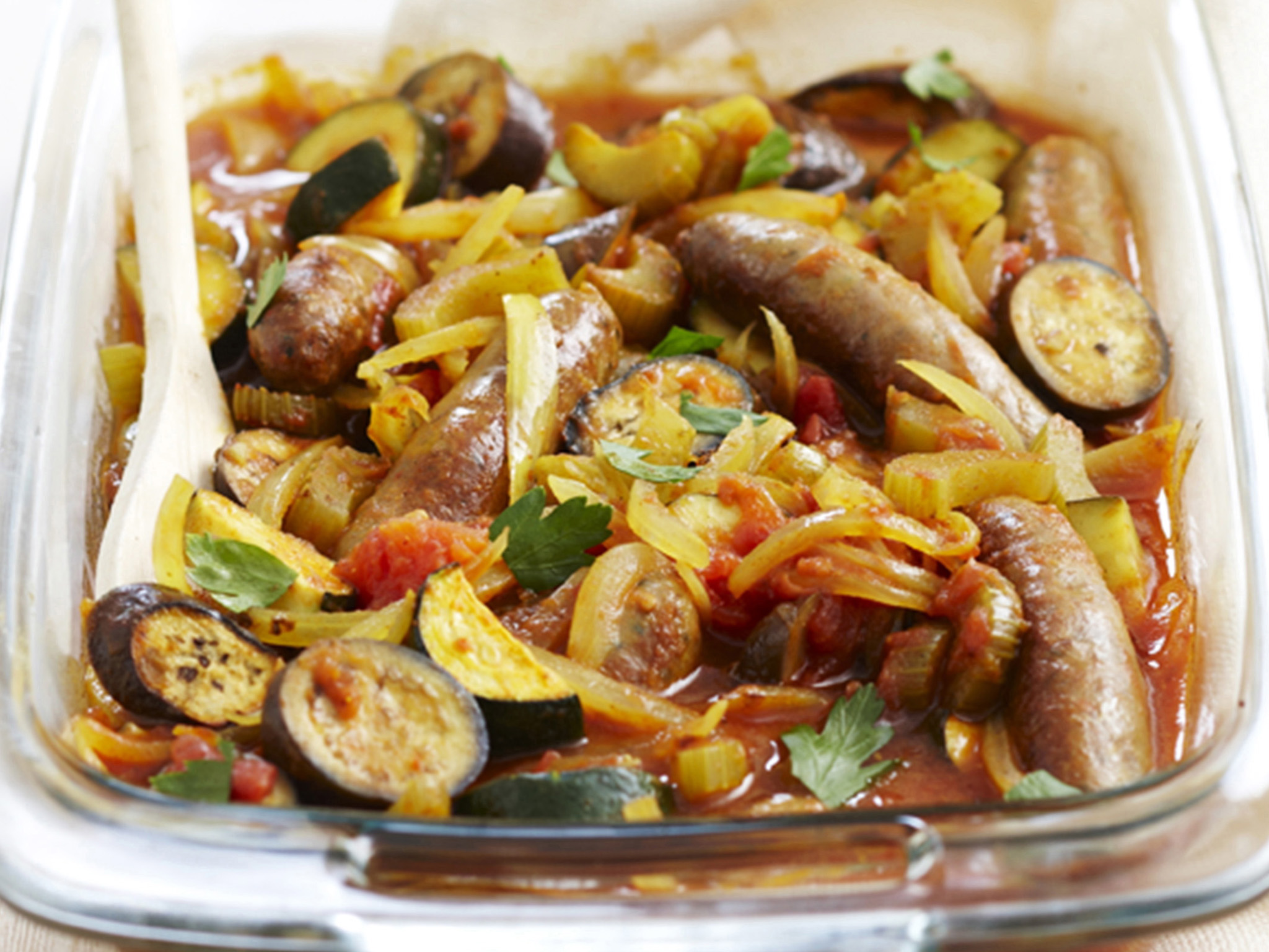 Curried sausage and vegetable bake