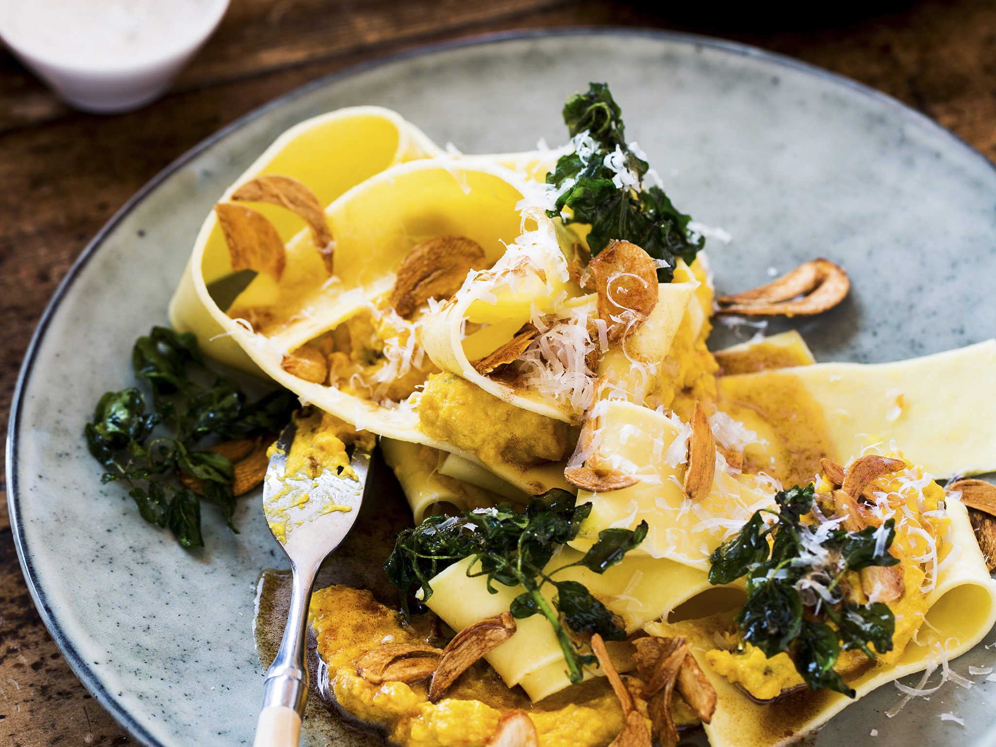 Pumpkin pappardelle with burnt butter sauce and garlic chips