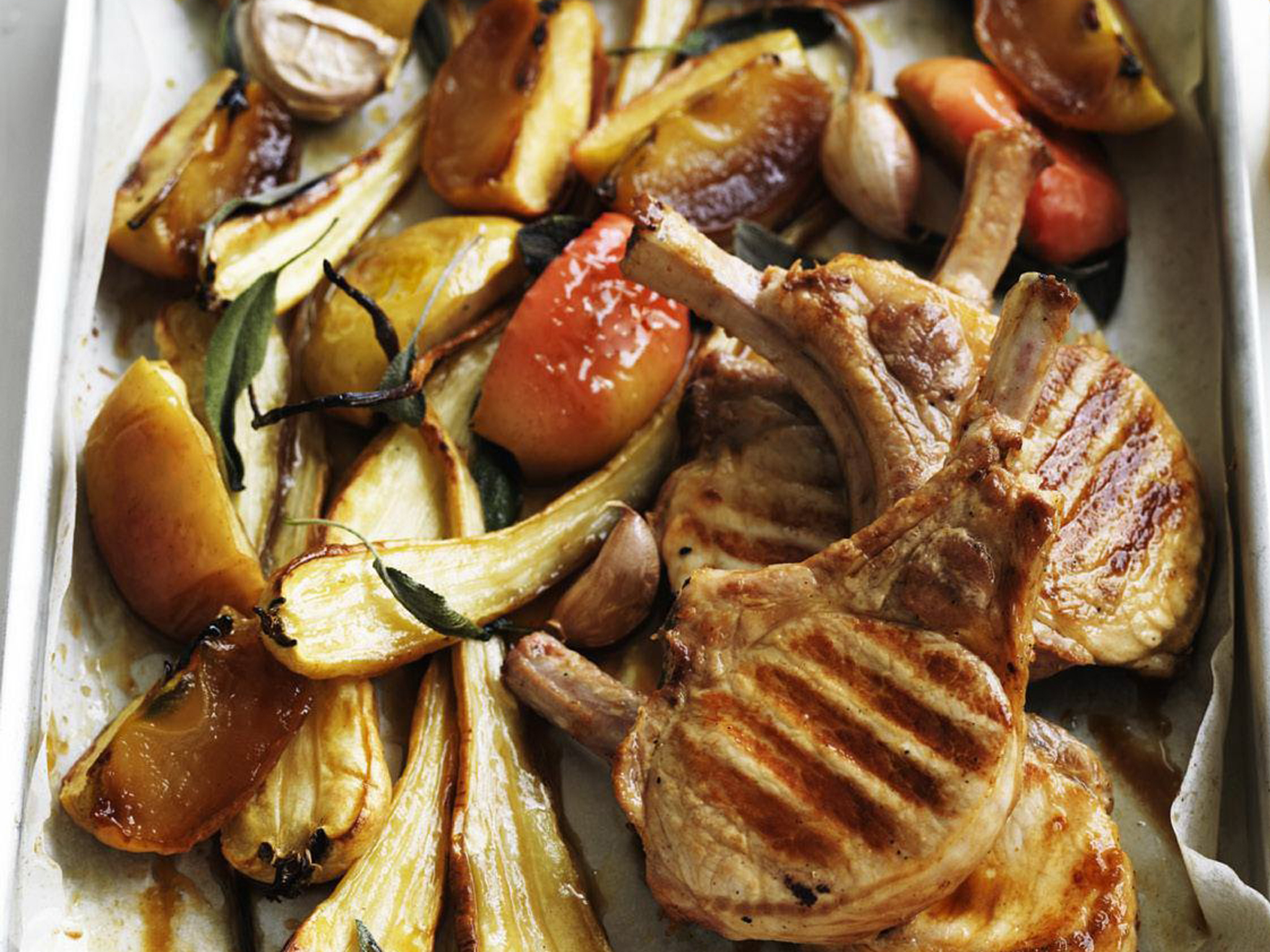 PORK CUTLETS WITH BAKED PARSNIPS & APPLES