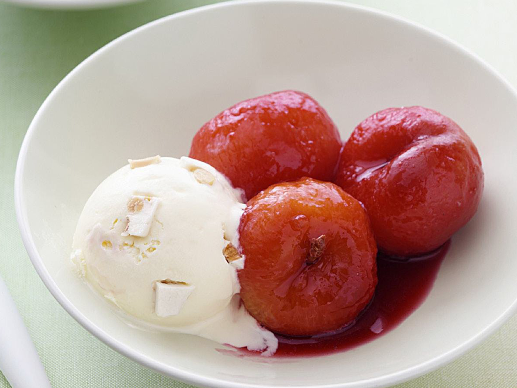 Poached plums and nougat ice-cream