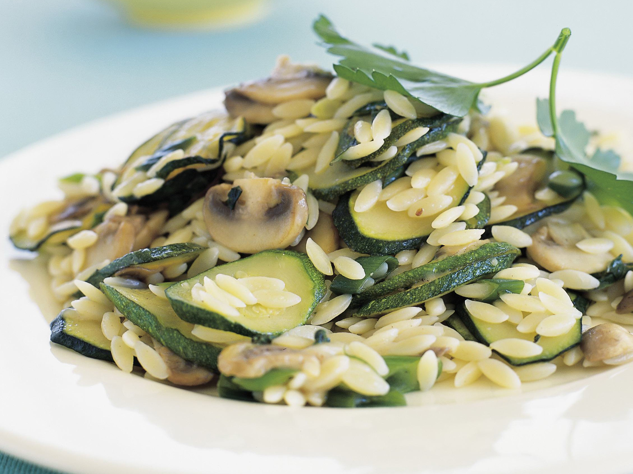 Risoni with mushrooms, zucchini and green onions