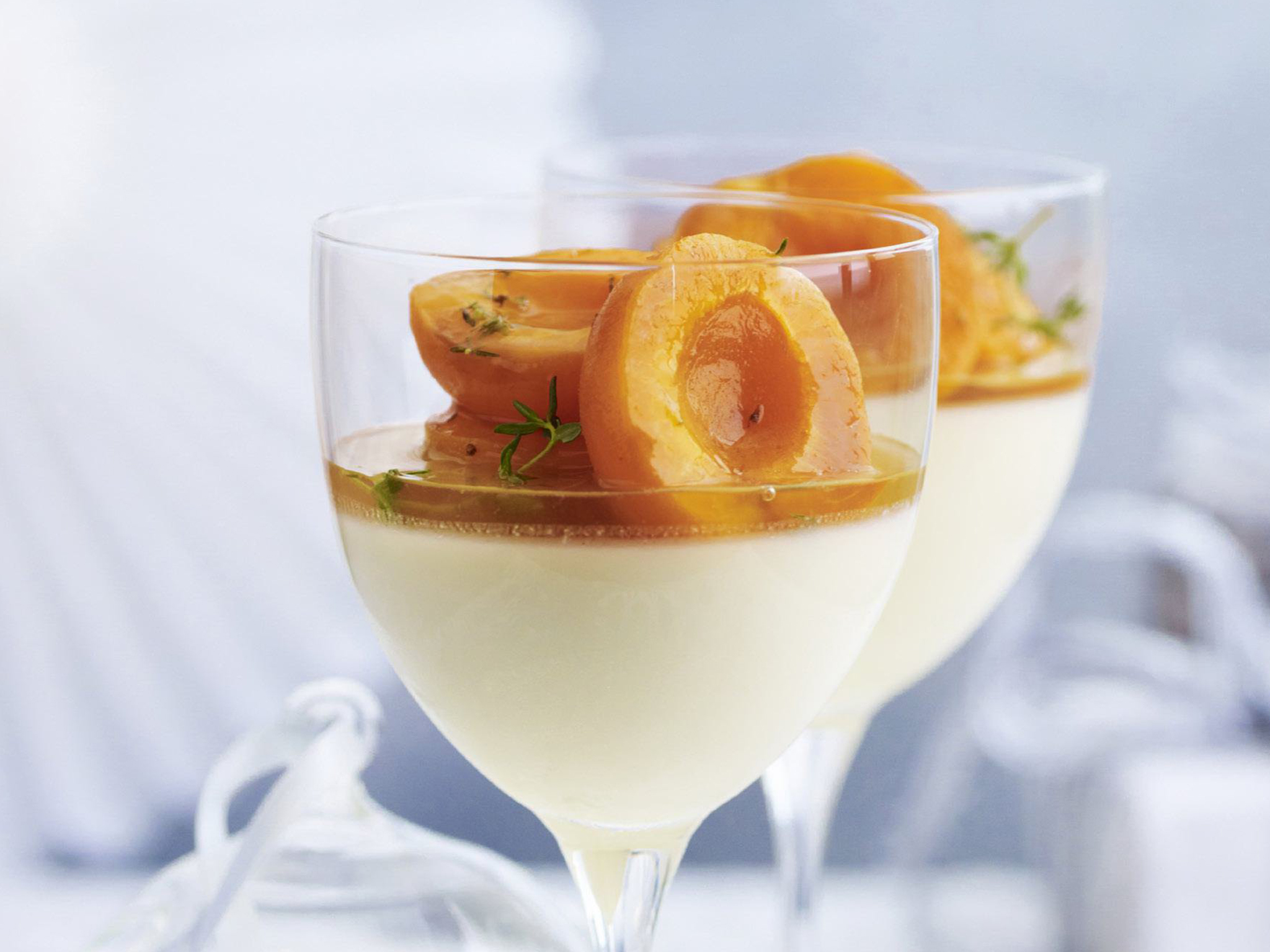 HONEY PANNA COTTA WITH Apricots in Thyme Syrup