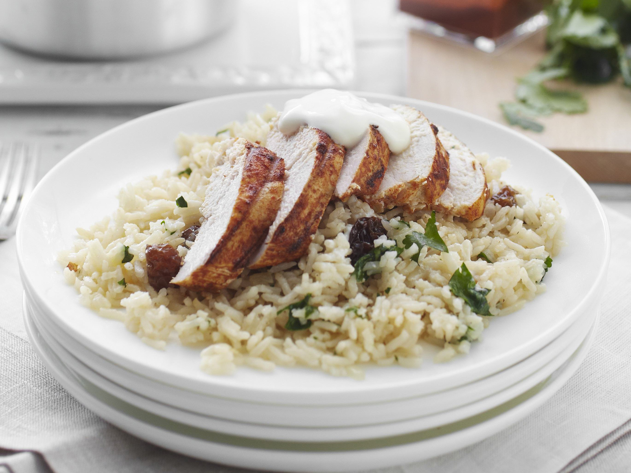 grilled paprika chicken with raisin pilaf