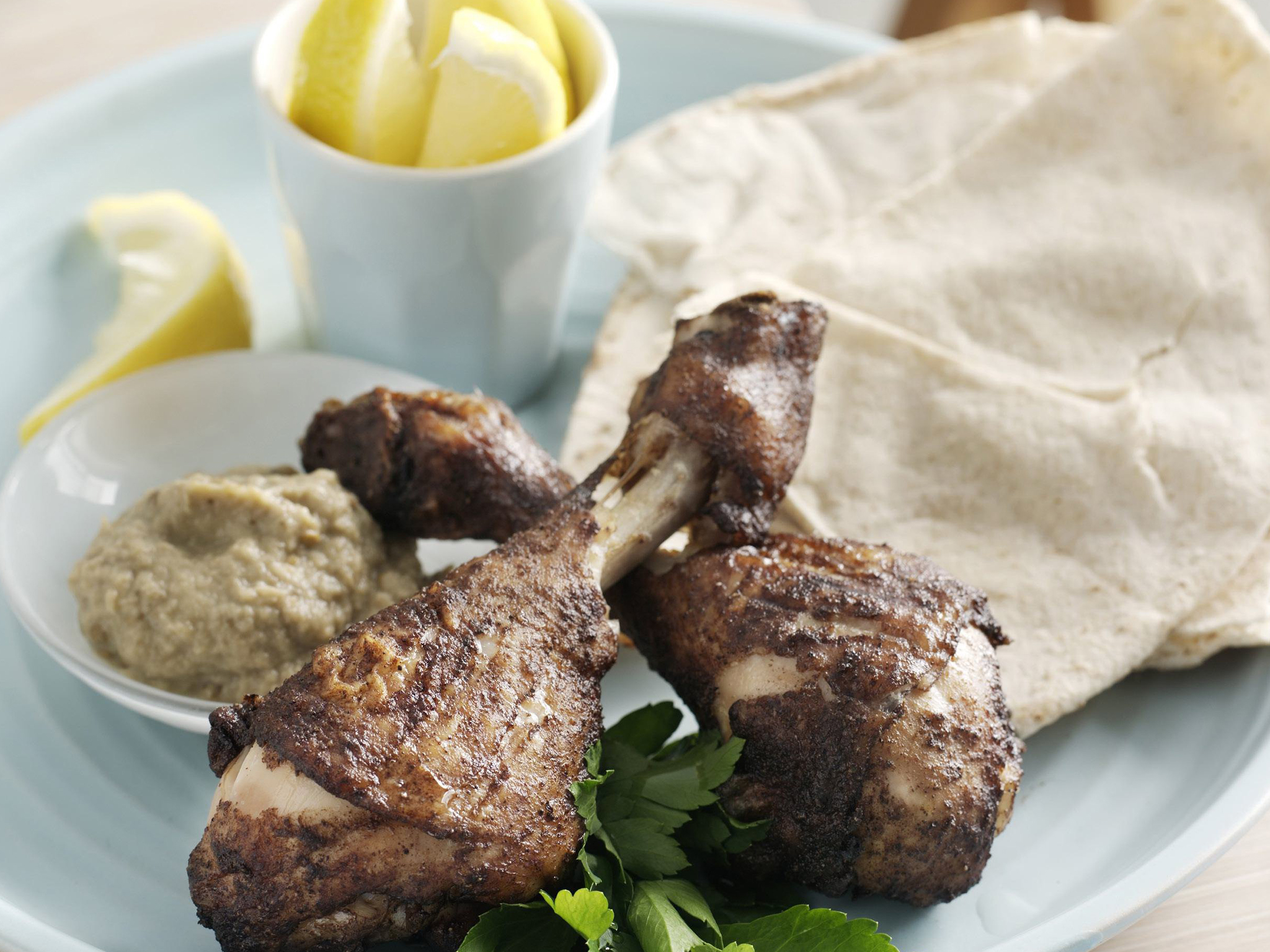 lebanese-spiced drumsticks with baba ghanoush
