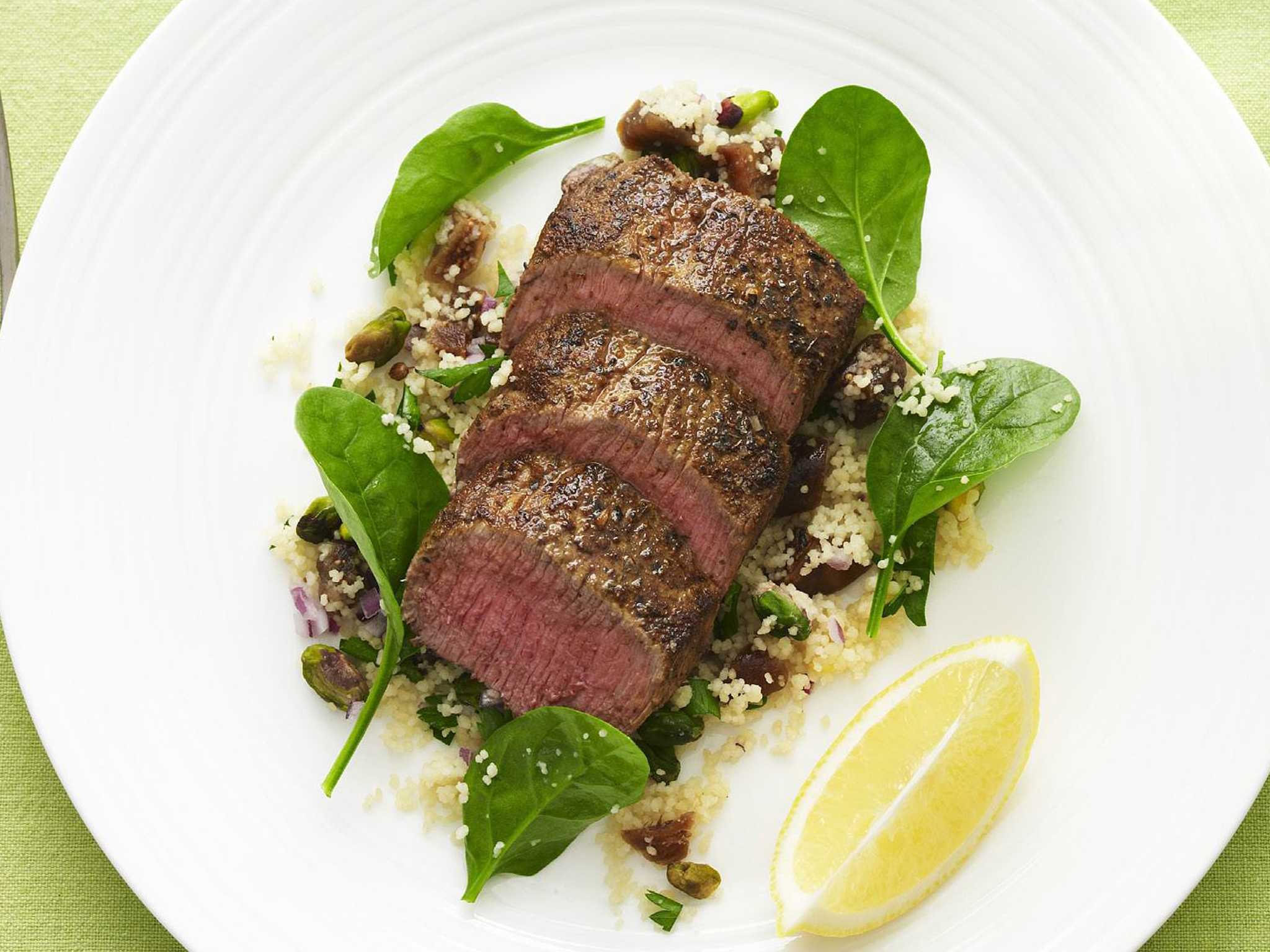 char-grilled lamb with pistachio and fig couscous