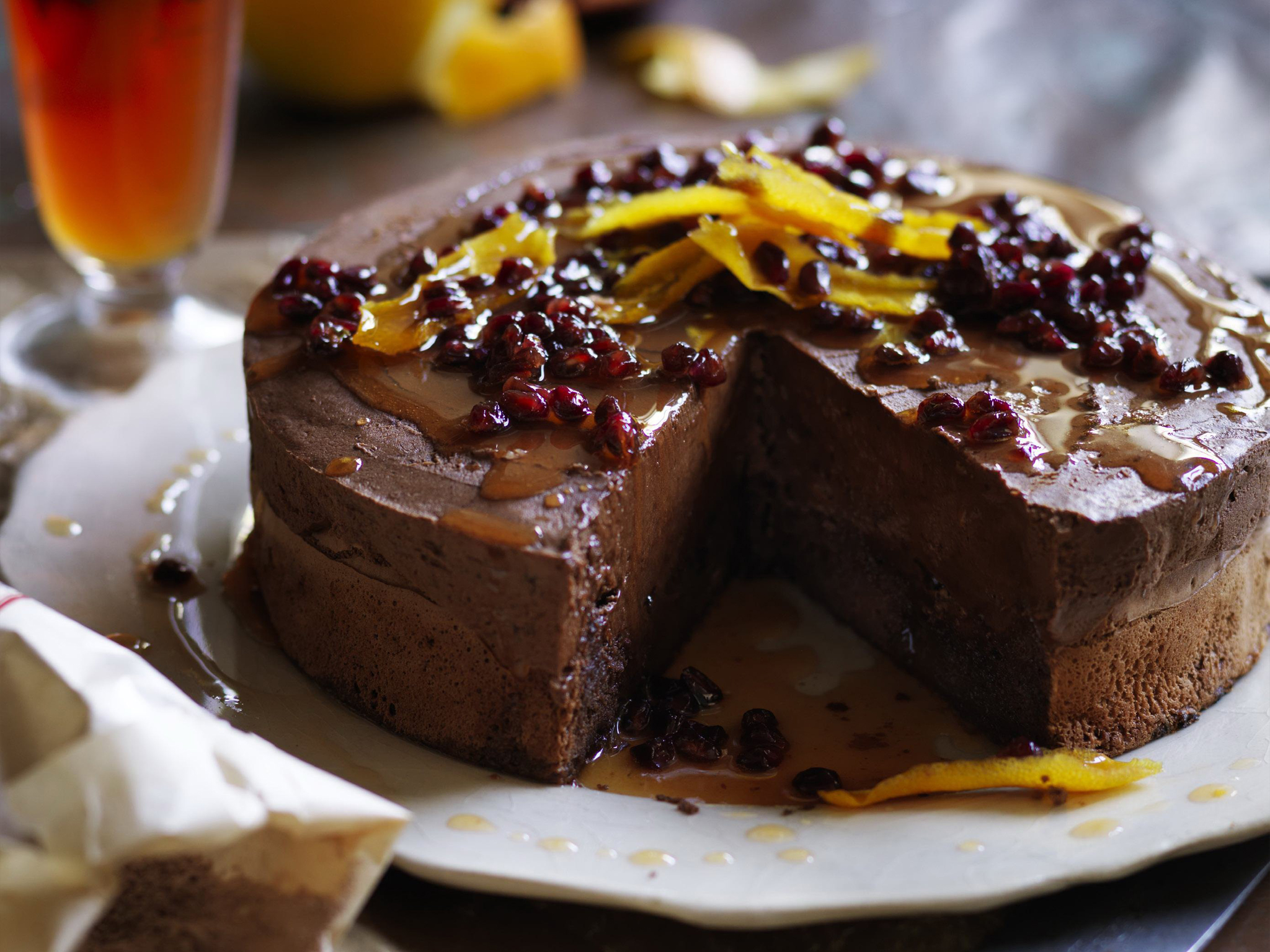 chocolate mousse cake with pomegranate syrup