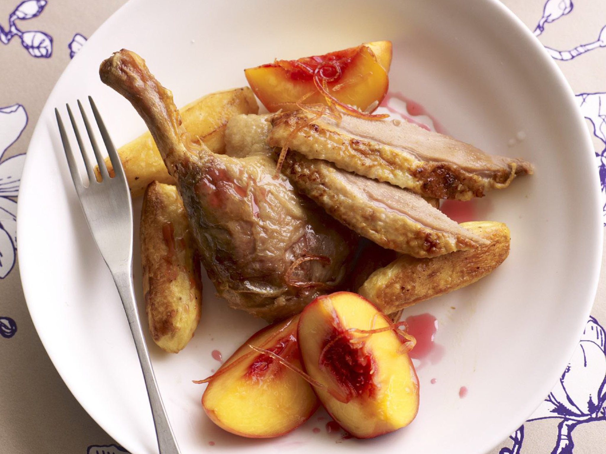 Slow-roasted duck with citrus peaches