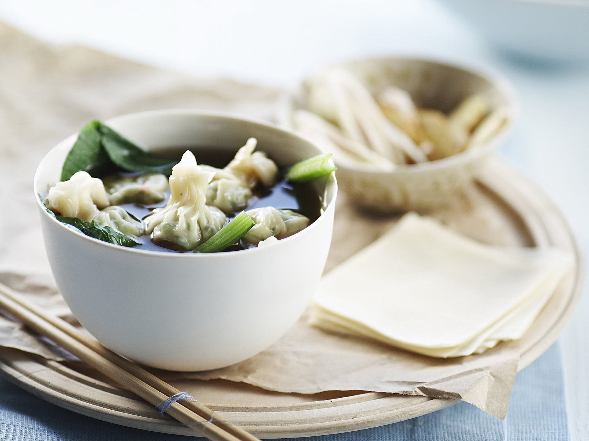 chive wontons with choy sum in asian broth