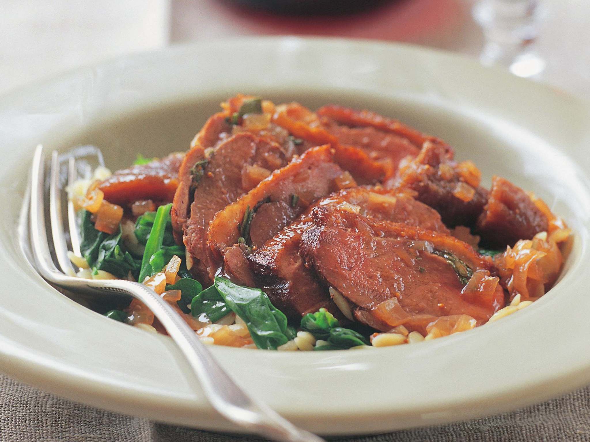 duck breasts with fig sauce and spinach risoni