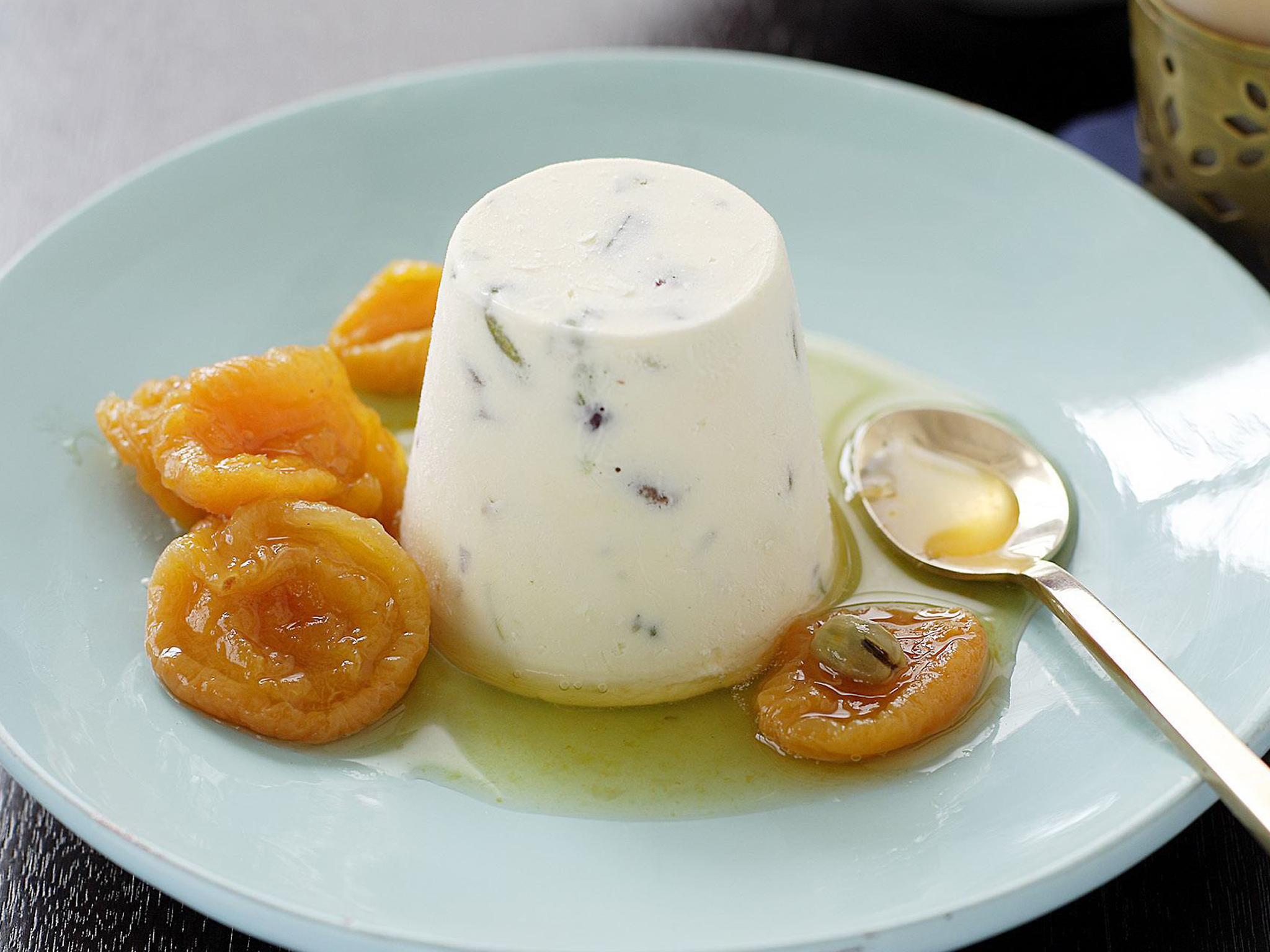 dried apricots in cardamom syrup with pistachio ice-cream
