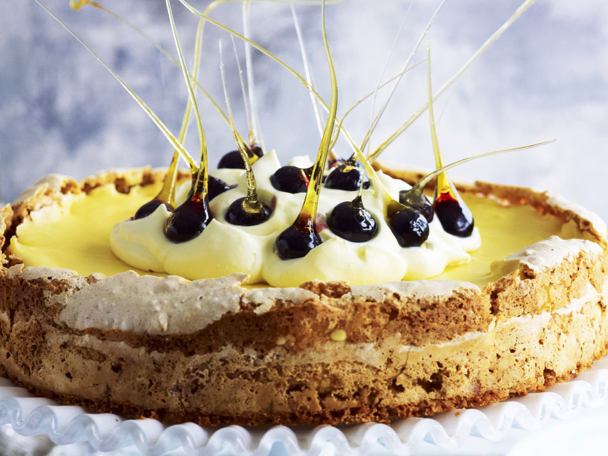 lemon curd meringue cake with blueberries