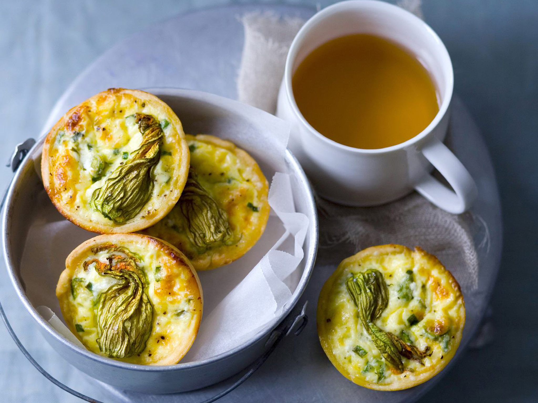 goats cheese and zucchini flower quiches