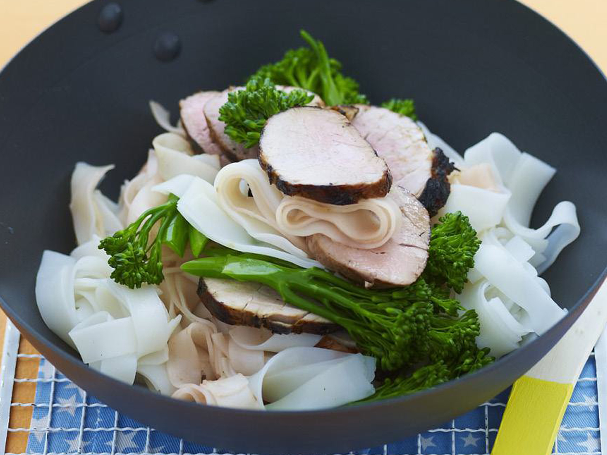 char-siu pork with noodles and broccolini