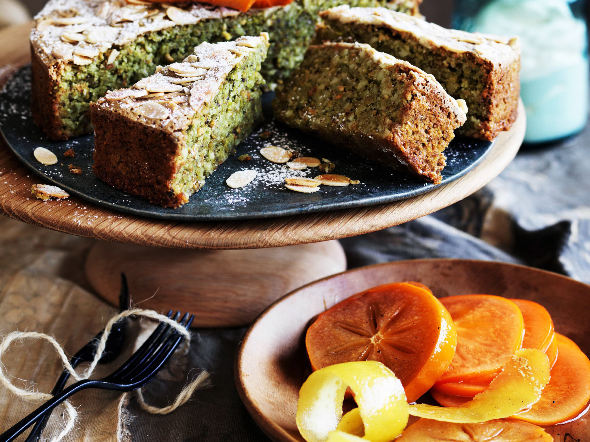 Pistachio ALMOND CAKE WITH poachedpersimmons