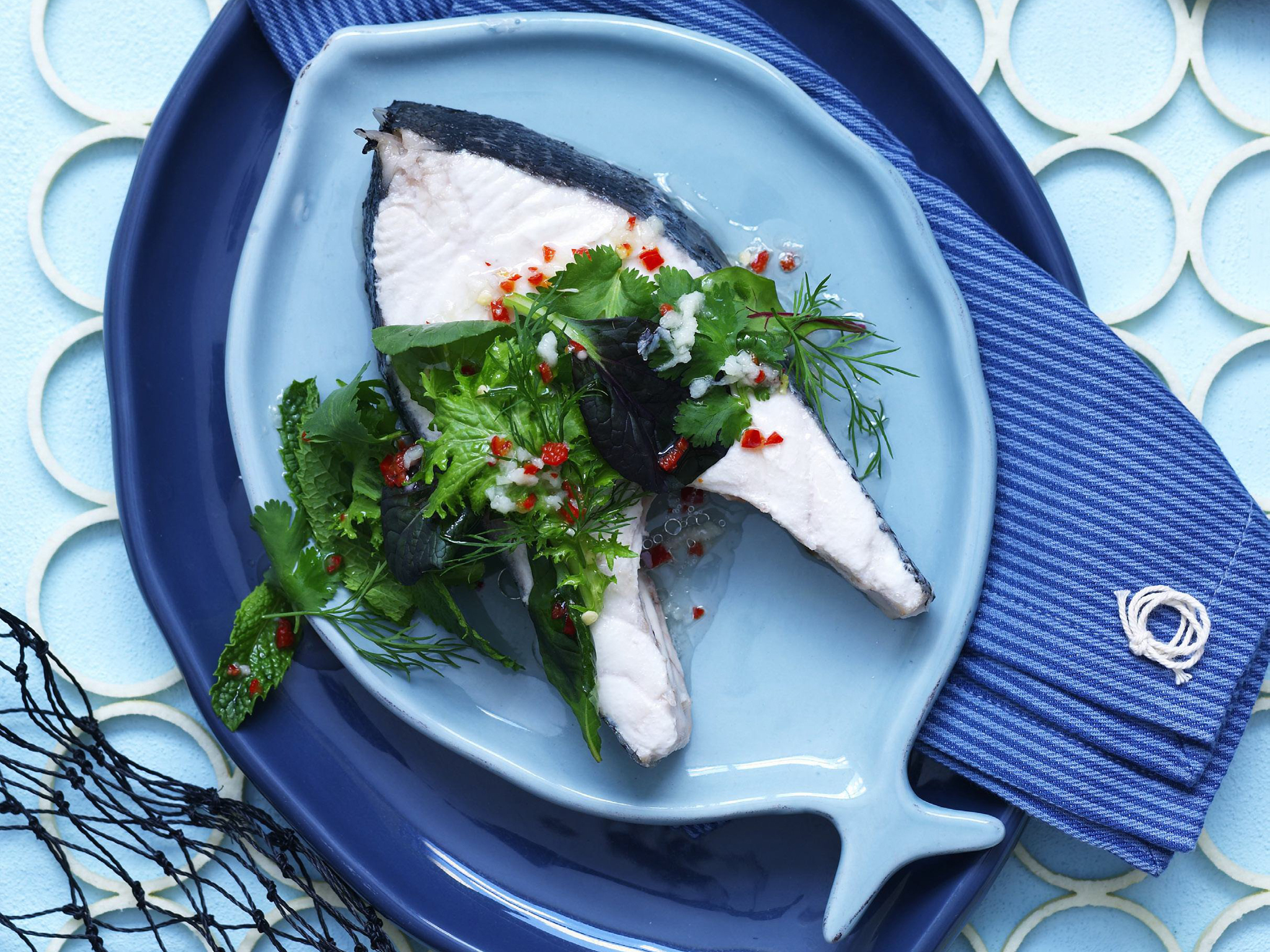 poached fish cutlets with herb salad