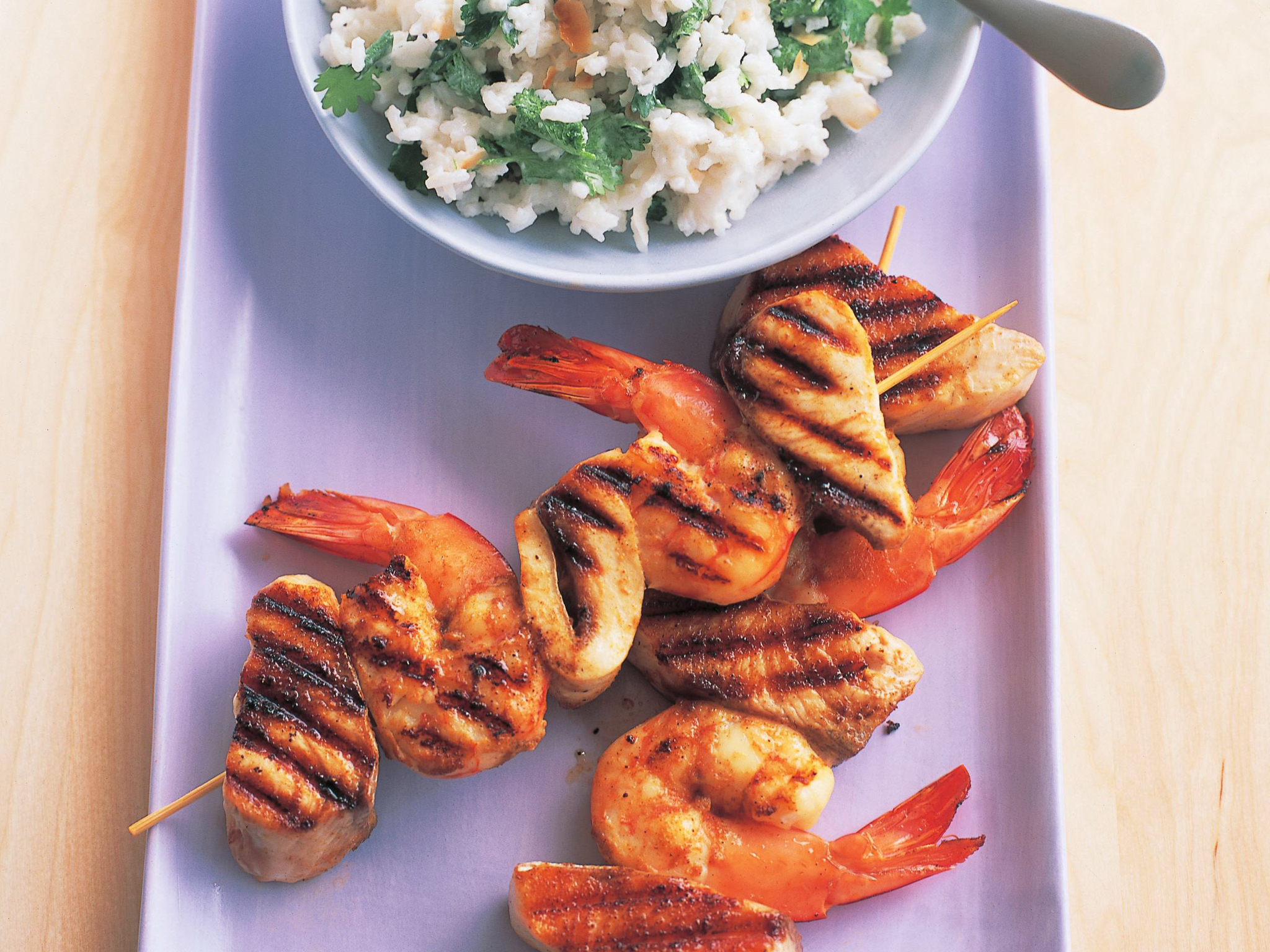 PRAWN AND KINGFISH SKEWERS WITH COCONUT RICE