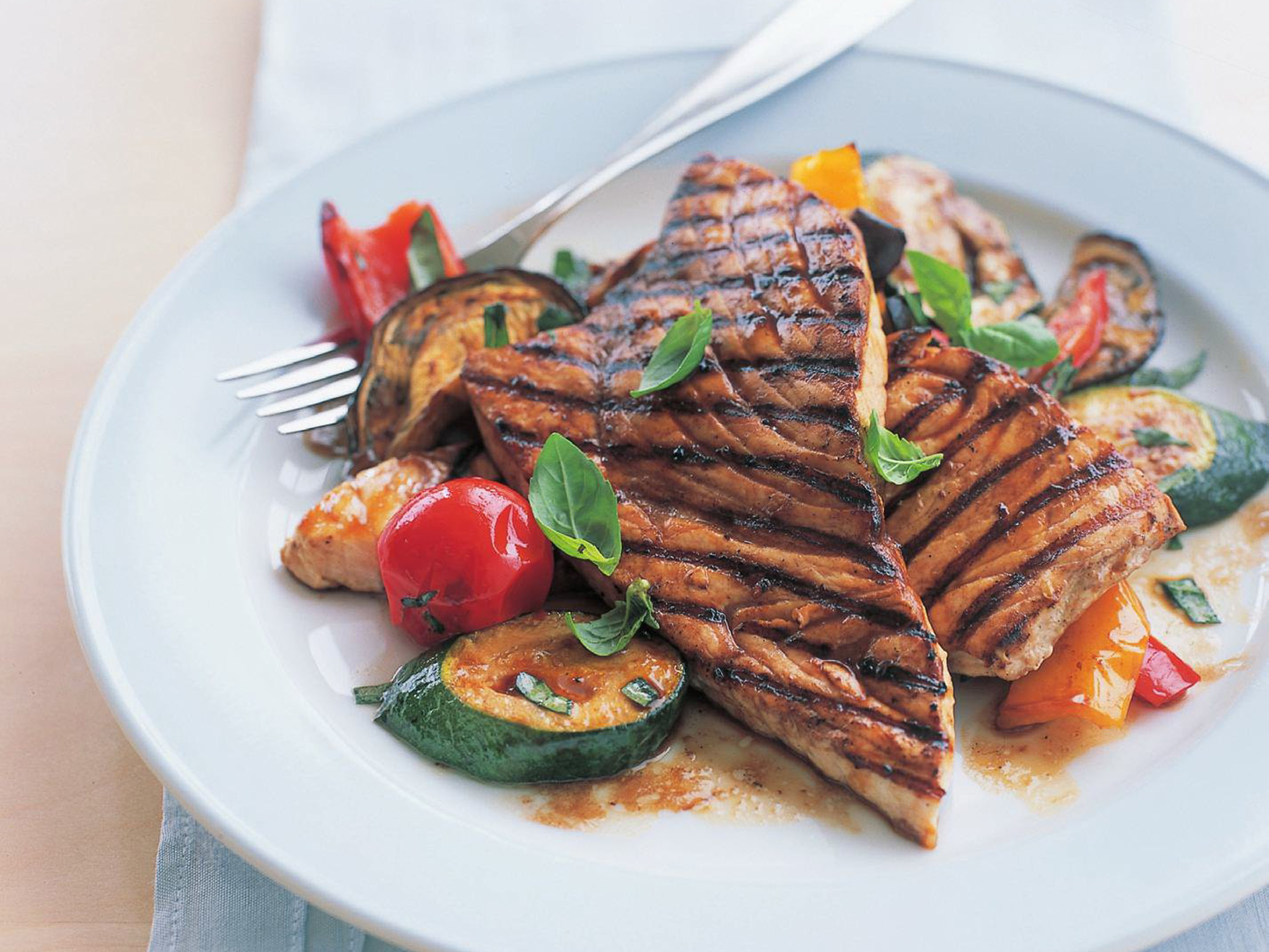 char-grilled swordfish with roasted mediterranean vegetables