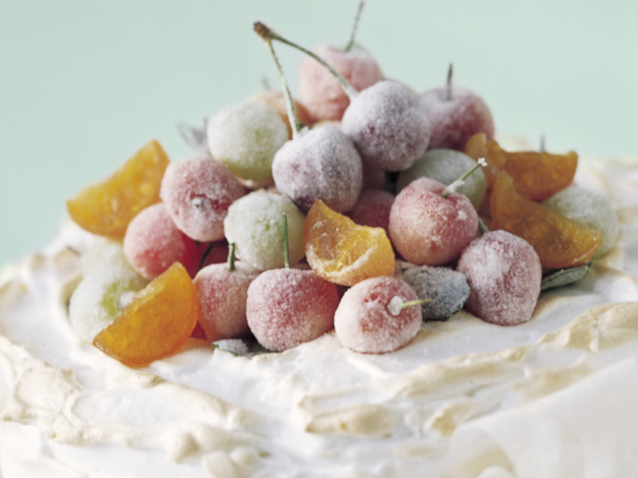 passionfruit meringue cake with frosted fruit