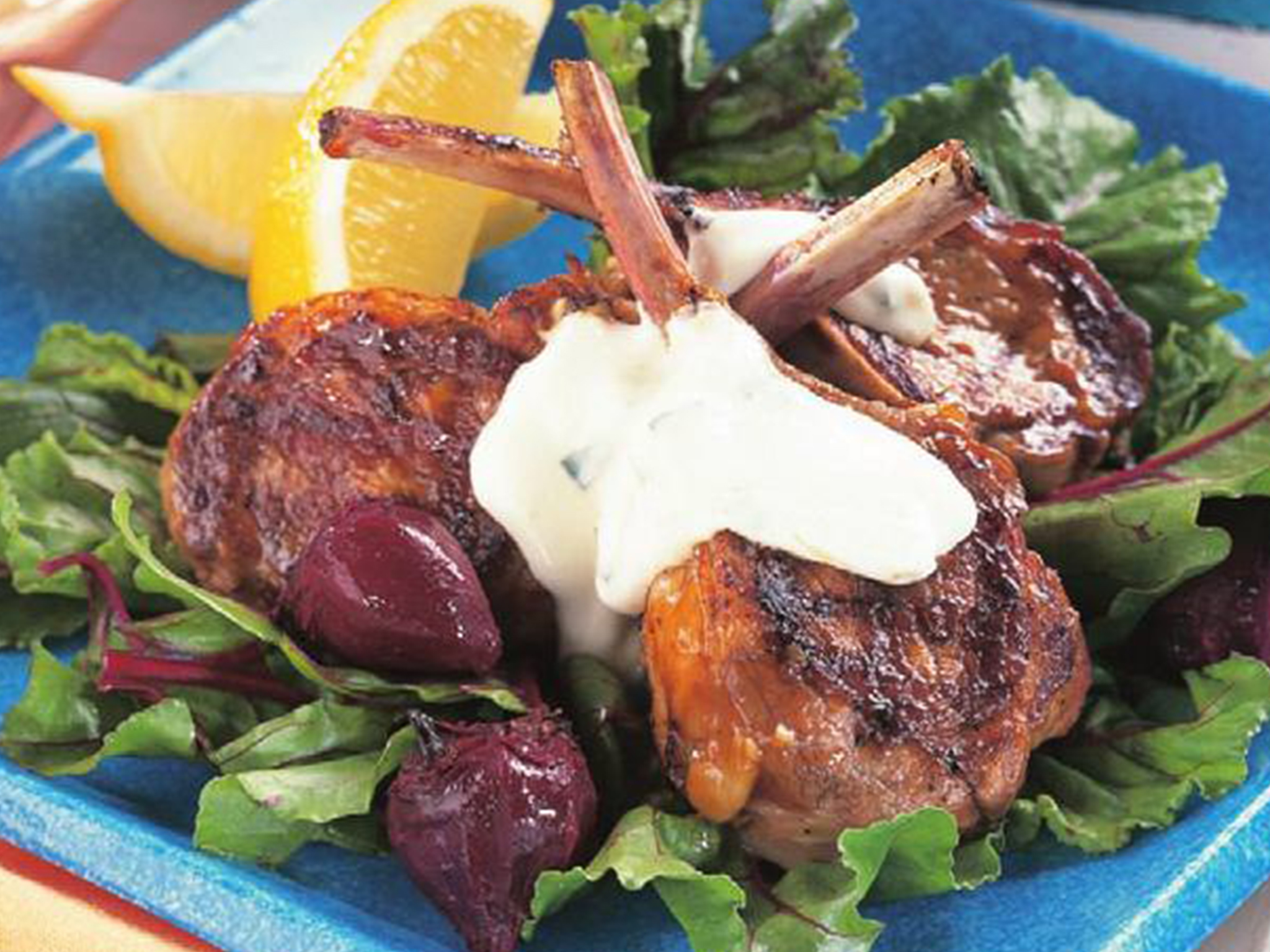Lamb cutlets with beetroot and tzatziki