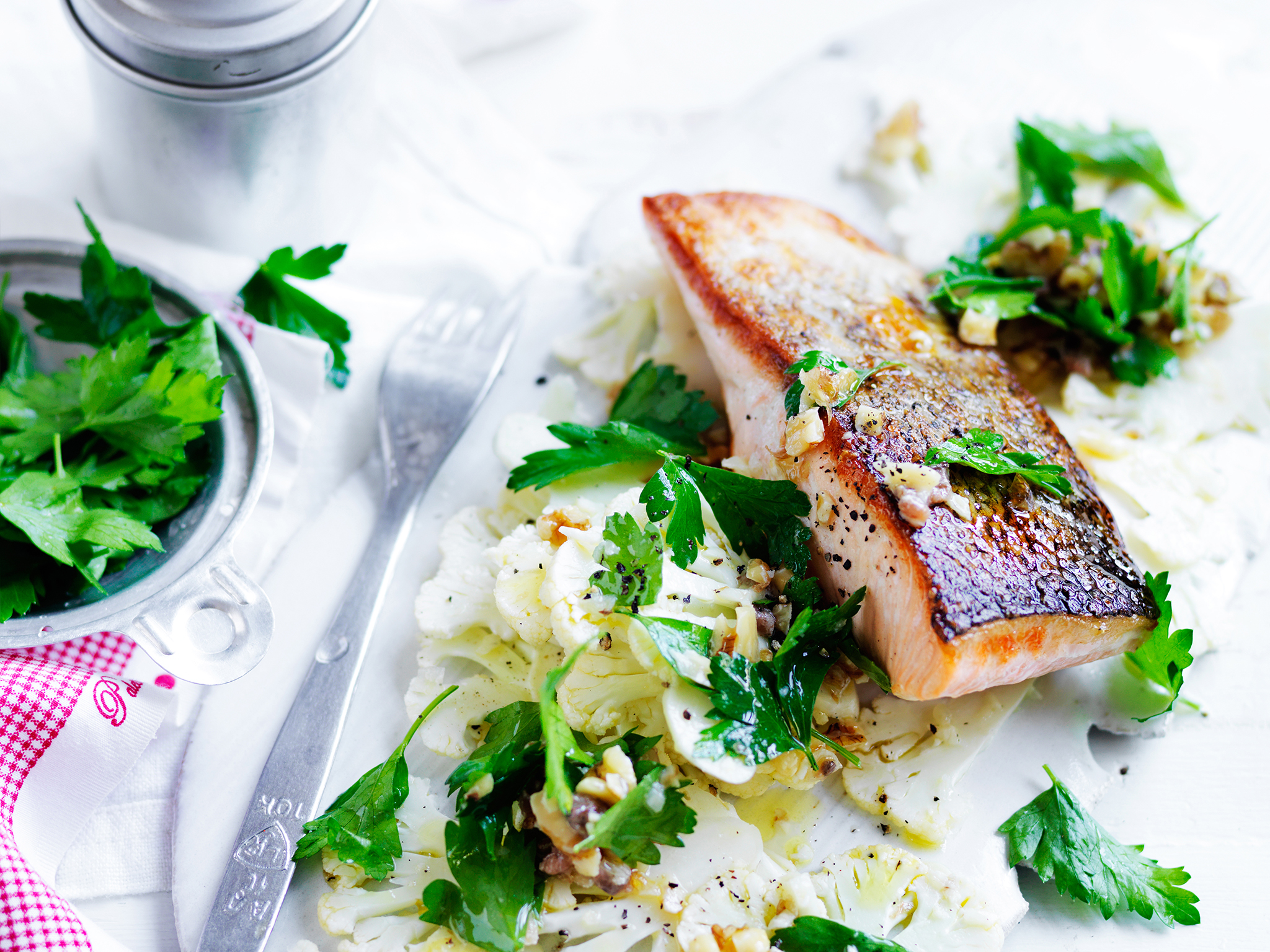 salmon with shaved cauliflower salad