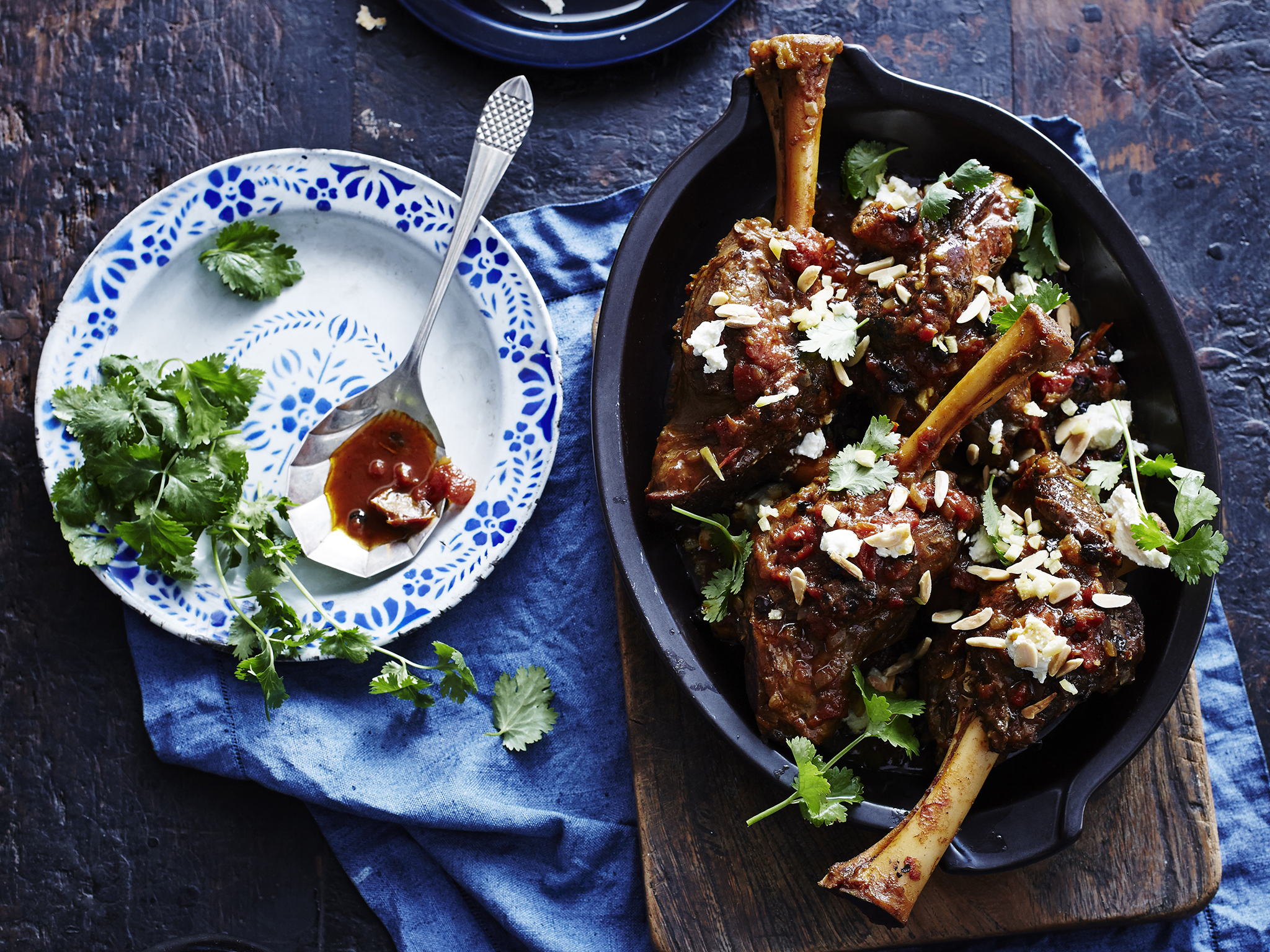 Spiced lamb shanks with almonds and feta