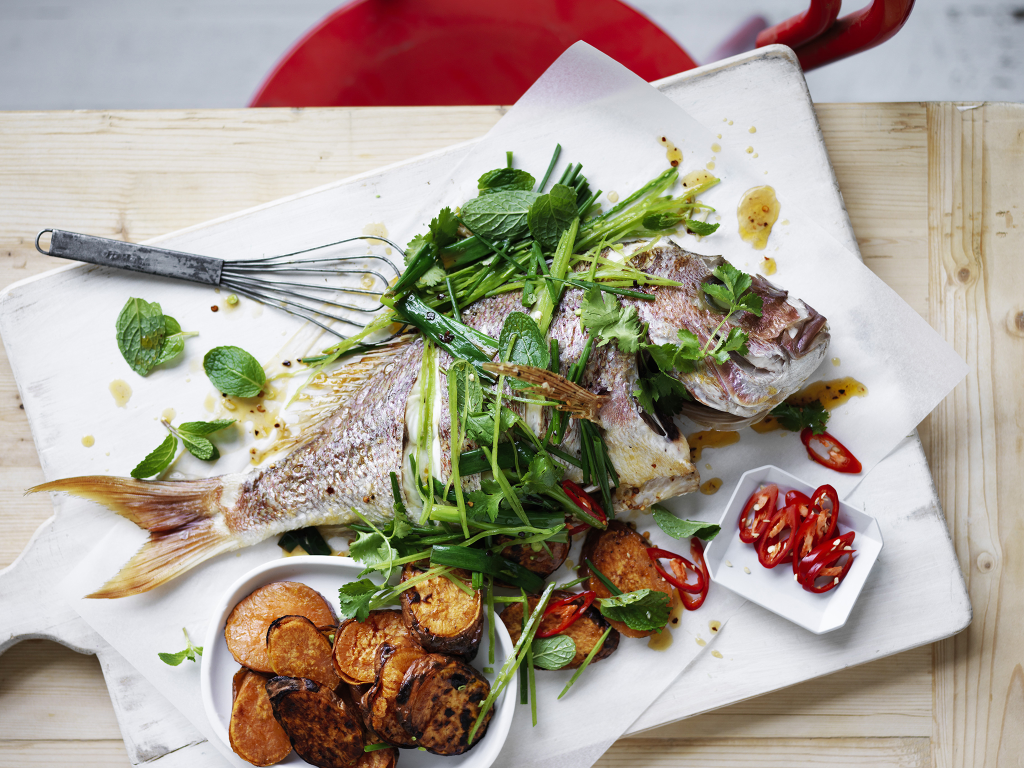 Whole snapper with pea and herb dressing