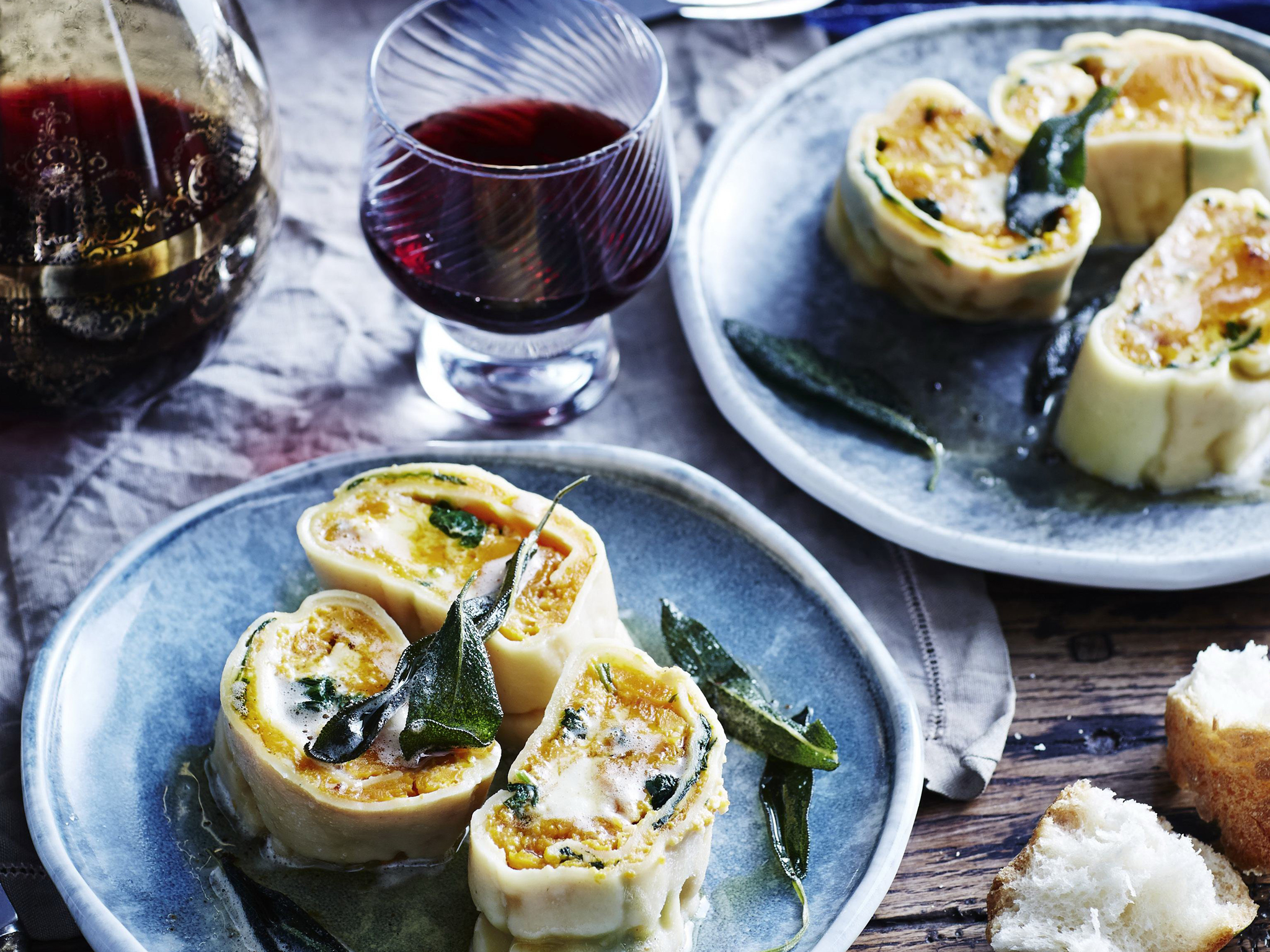 pumpkin rotolo with sage butter sauce