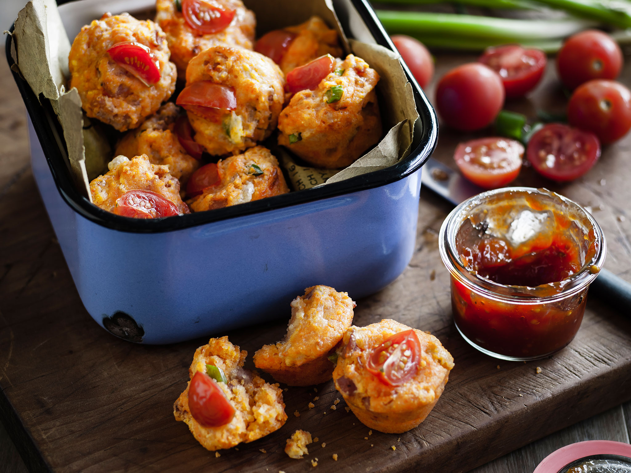 Tomato chutney, bacon and cheddar muffins