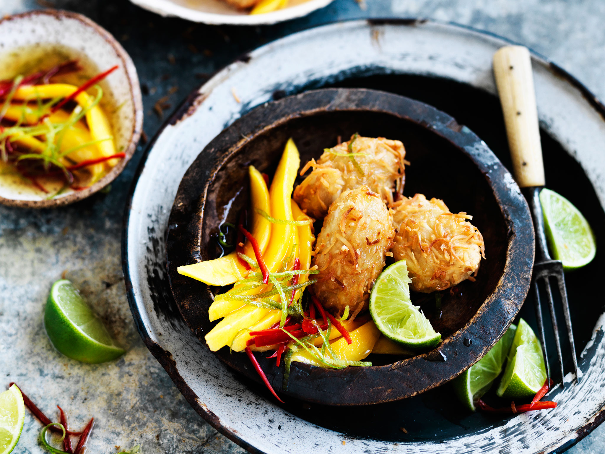 Coconut fritters with mango, chilli and lime