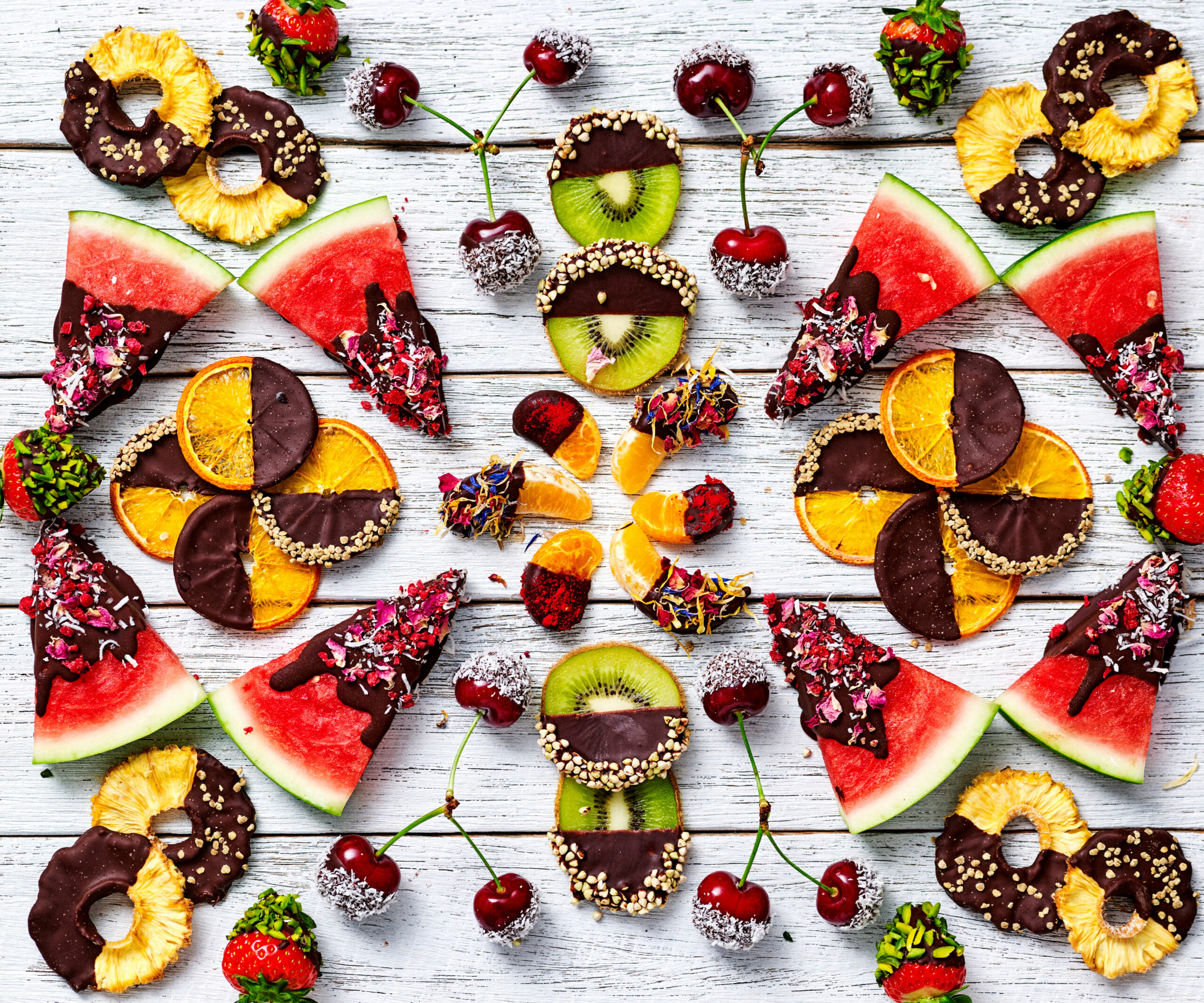 A variety of tropical fruits dipped in chocolate and toppings.