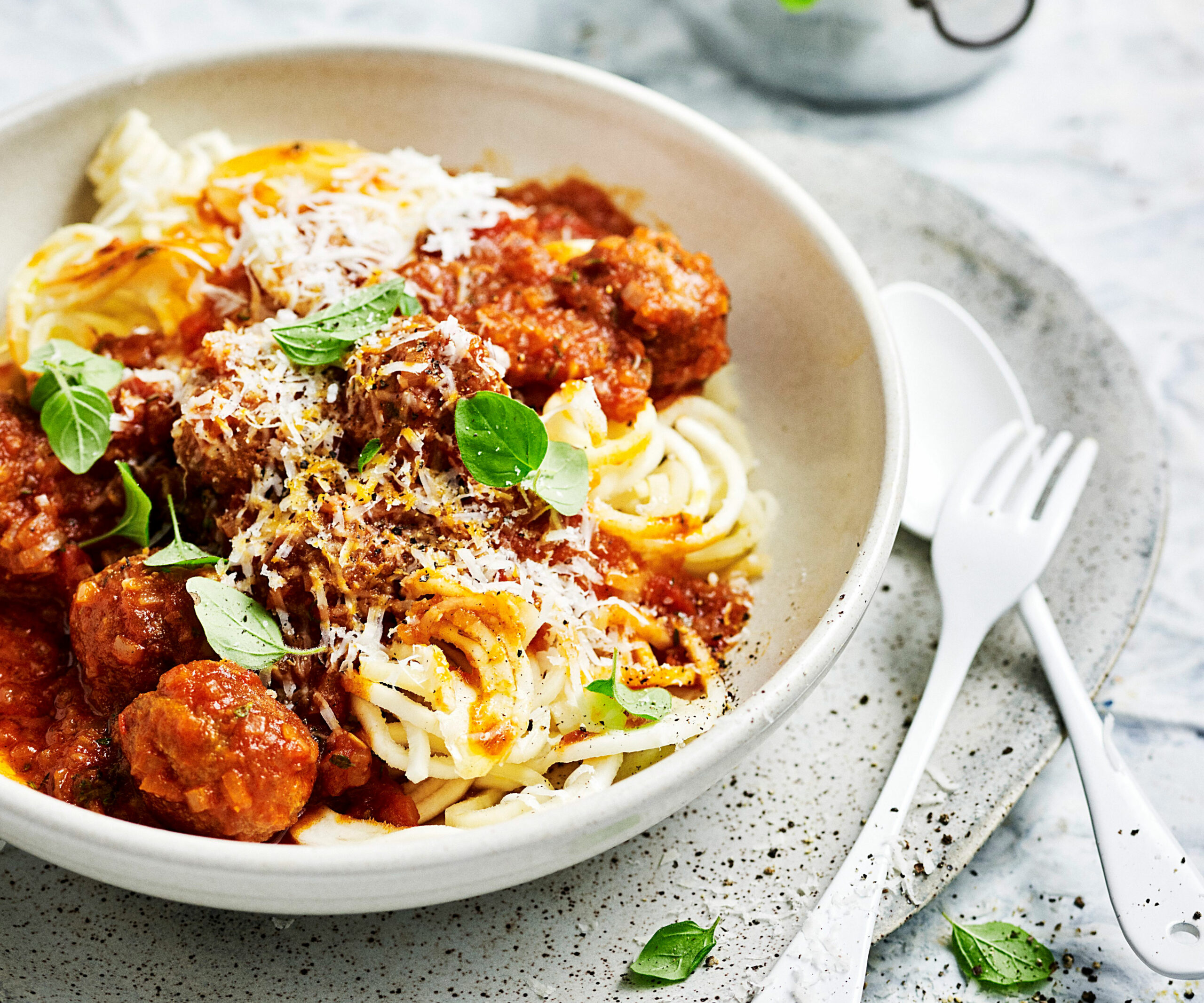 Parsnip noodles with spicy lamb meatball ragu
