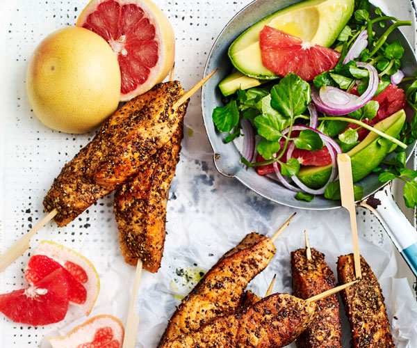 Indian-spiced salmon skewers with citrus & avocado salad