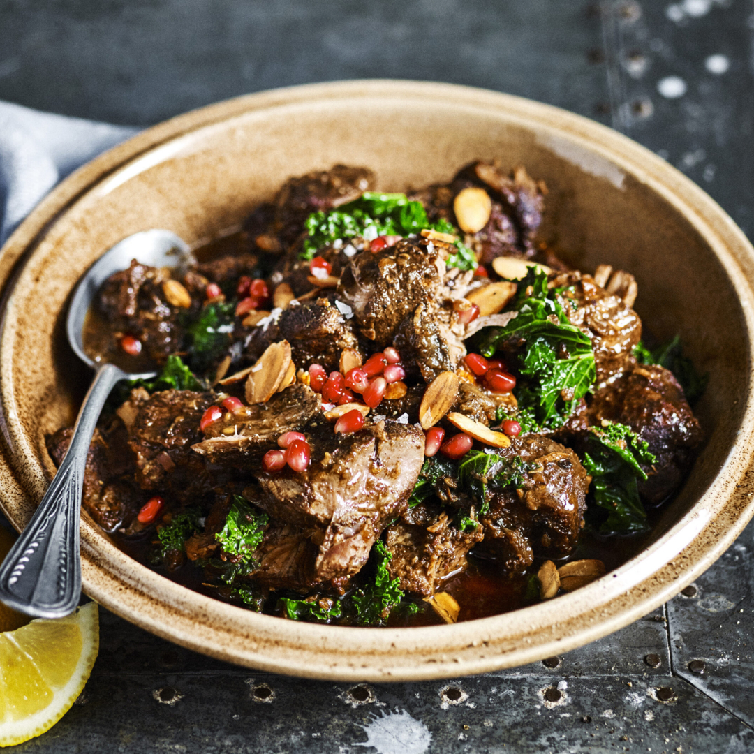Slow cooker Moroccan lamb with kale and pomegranate