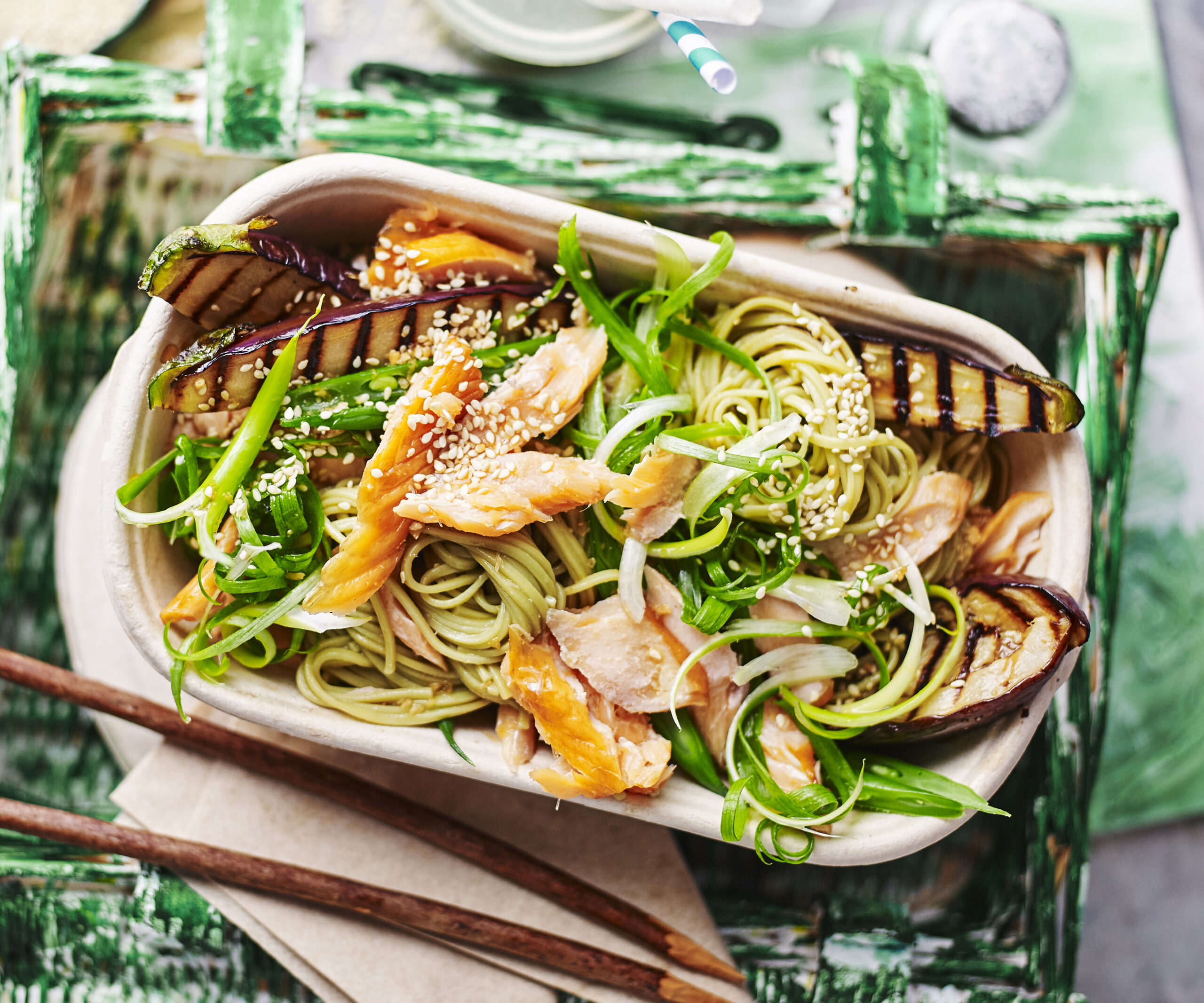 Eggplant noodle salad with smoked trout