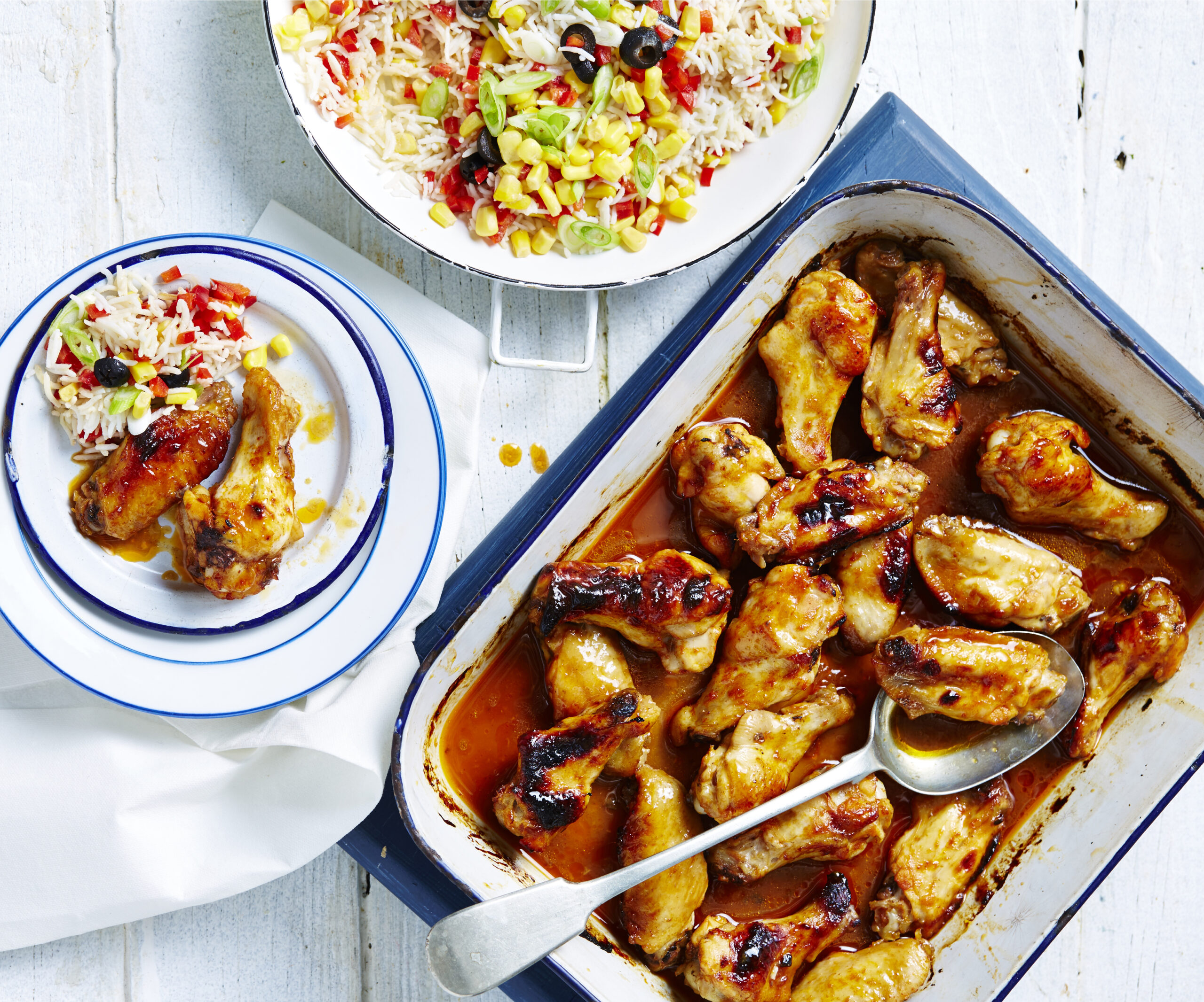 Sticky apricot chicken with rainbow rice