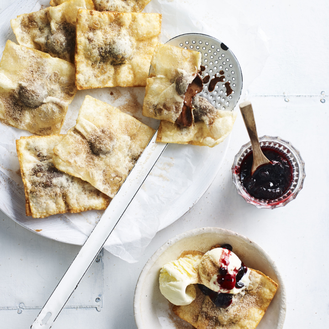 Chocolate wontons with ice cream & jam