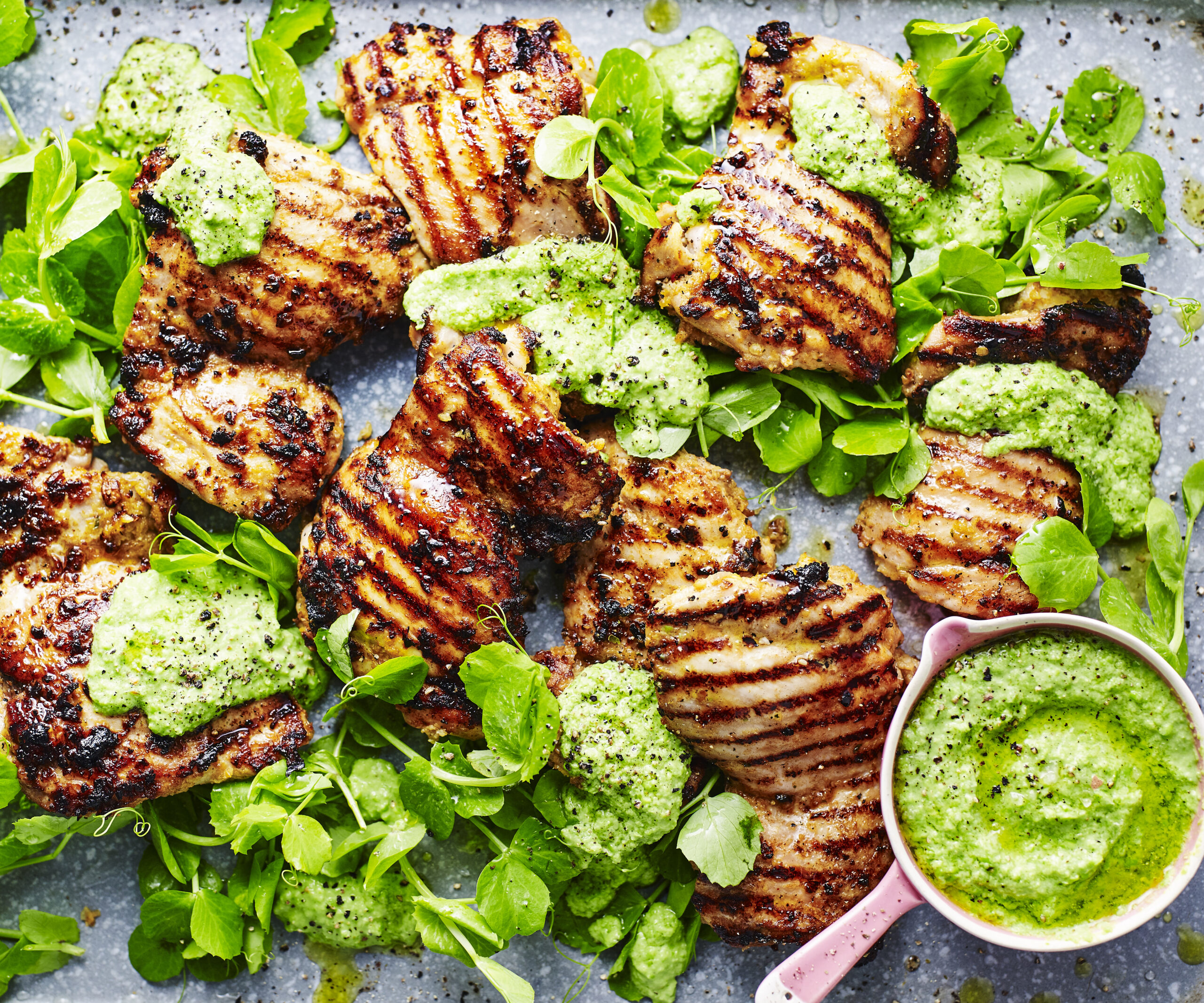 Barbecued chermoula chicken with pea puree