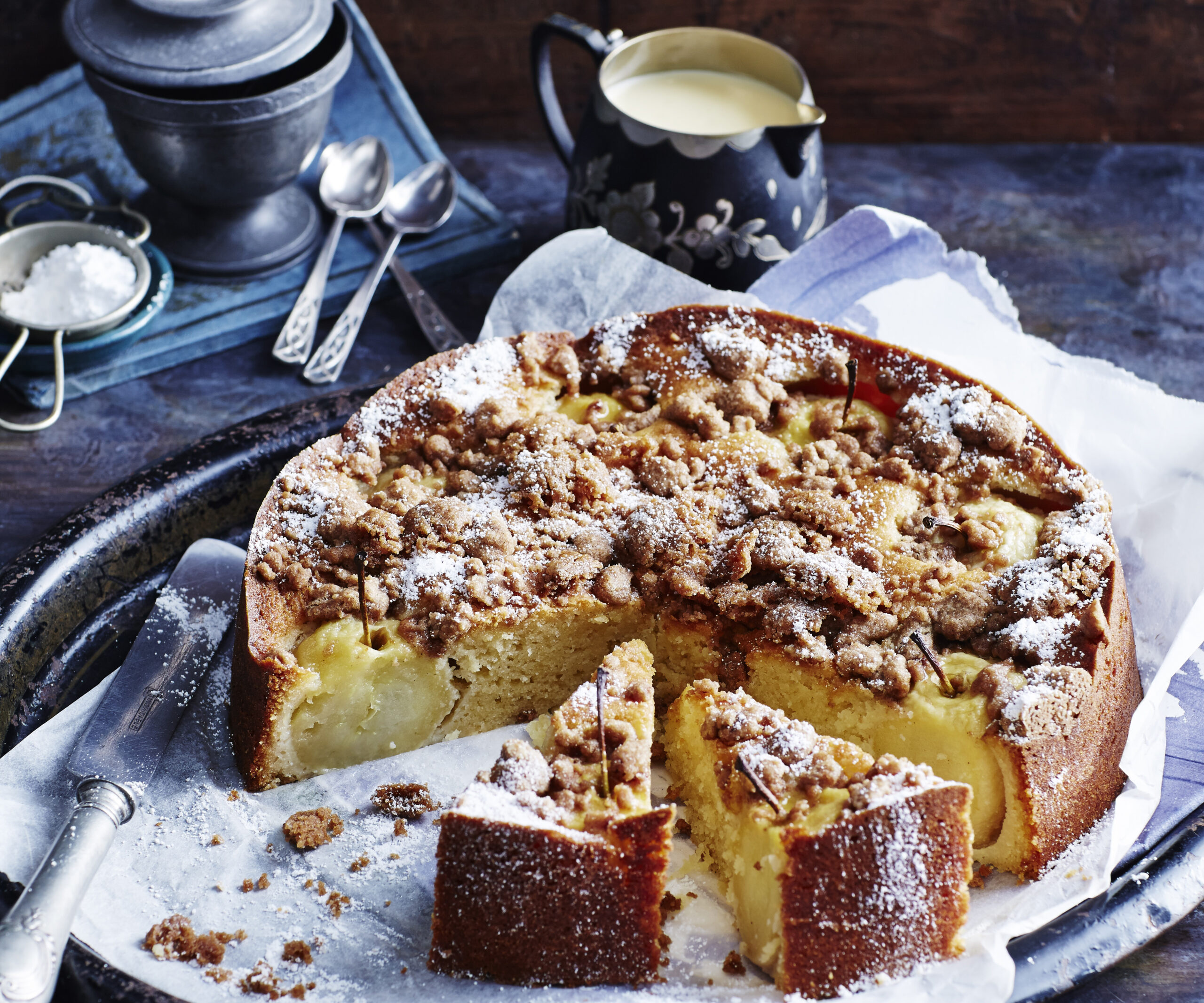 Apple and cinnamon crumble cake with cinnamon anglaise