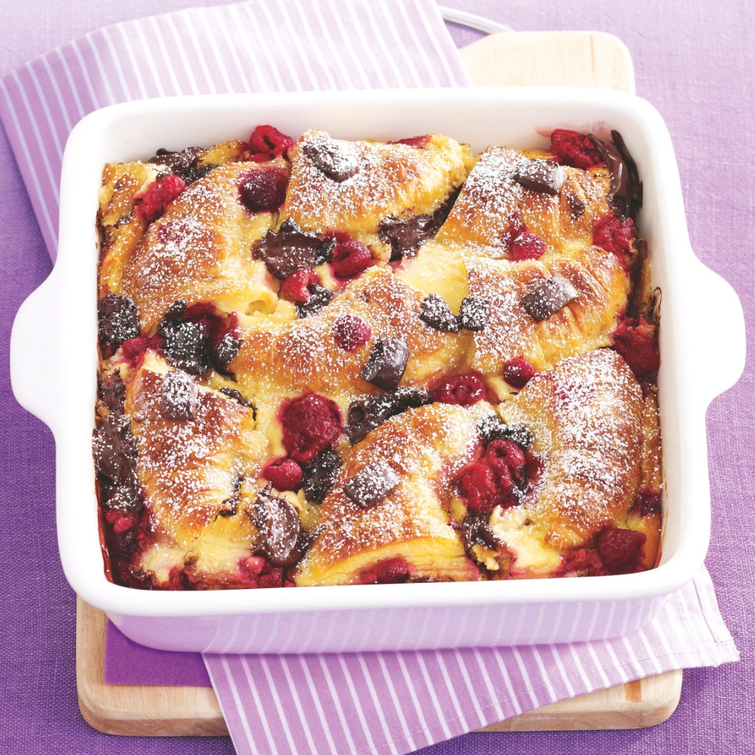 Chocolate and raspberry croissant pudding