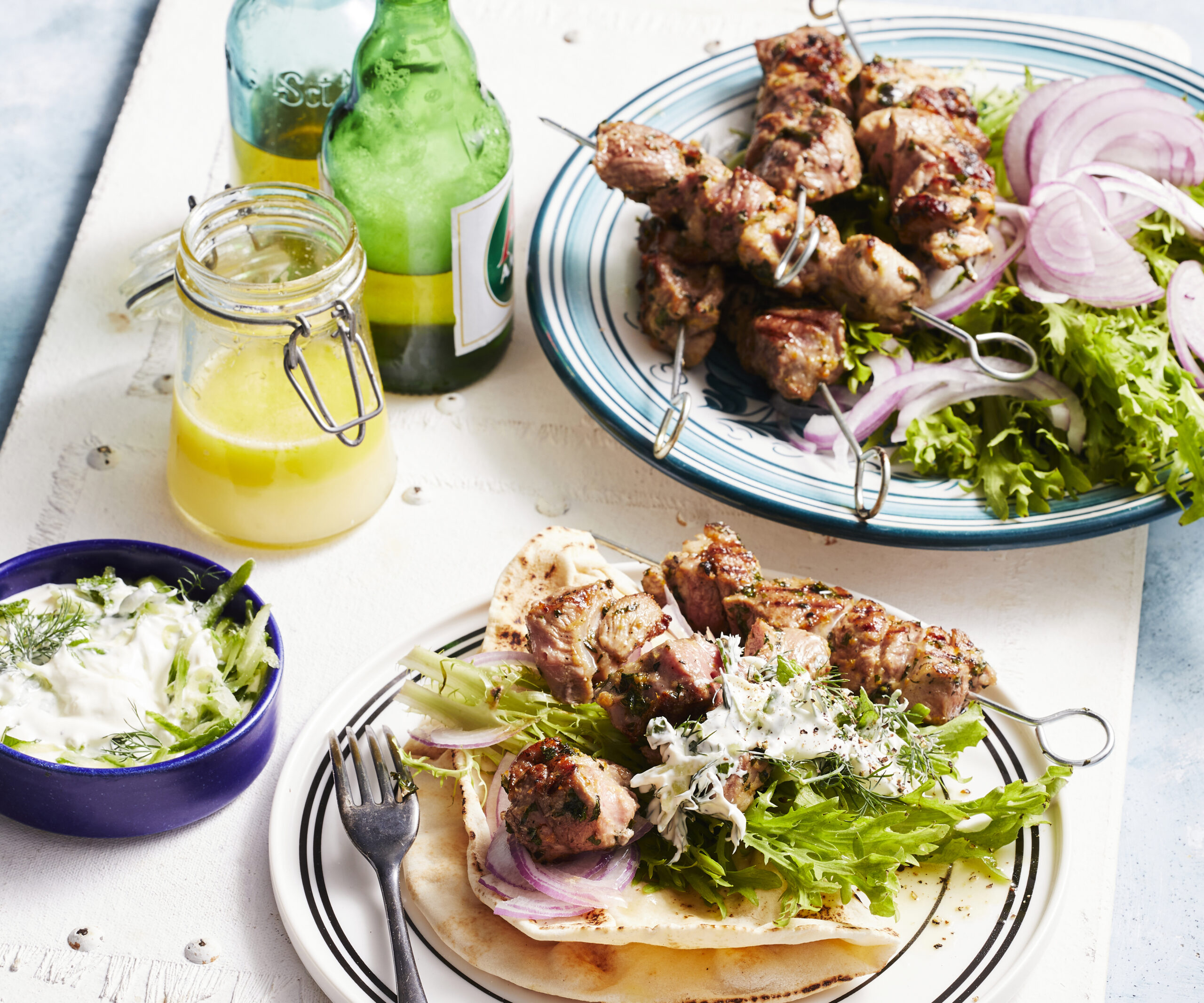 Pork souvlaki with flatbread