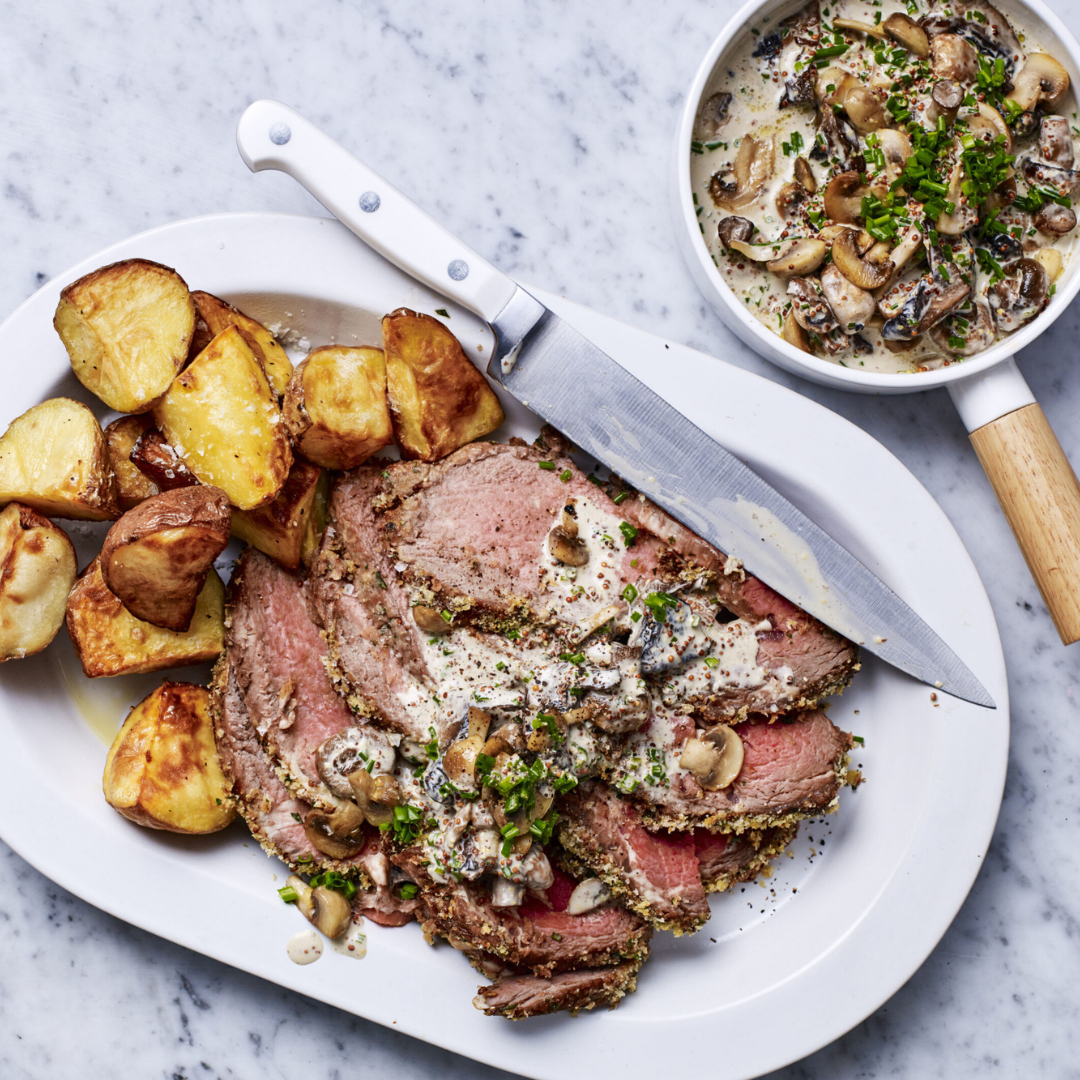 Air fryer herb crusted roast beef with creamy mushrooms