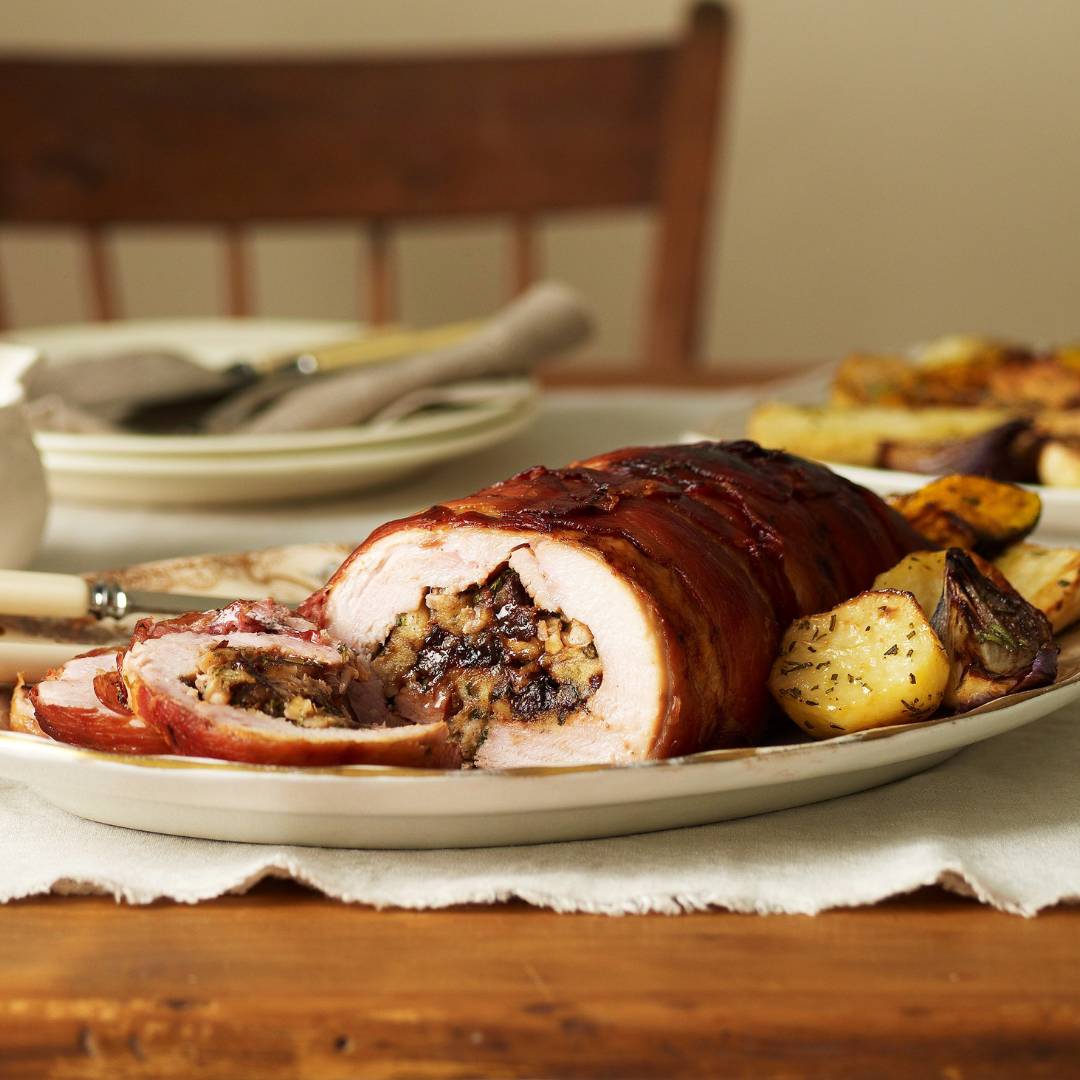 Roast turkey roll with pear, prune & walnut stuffing