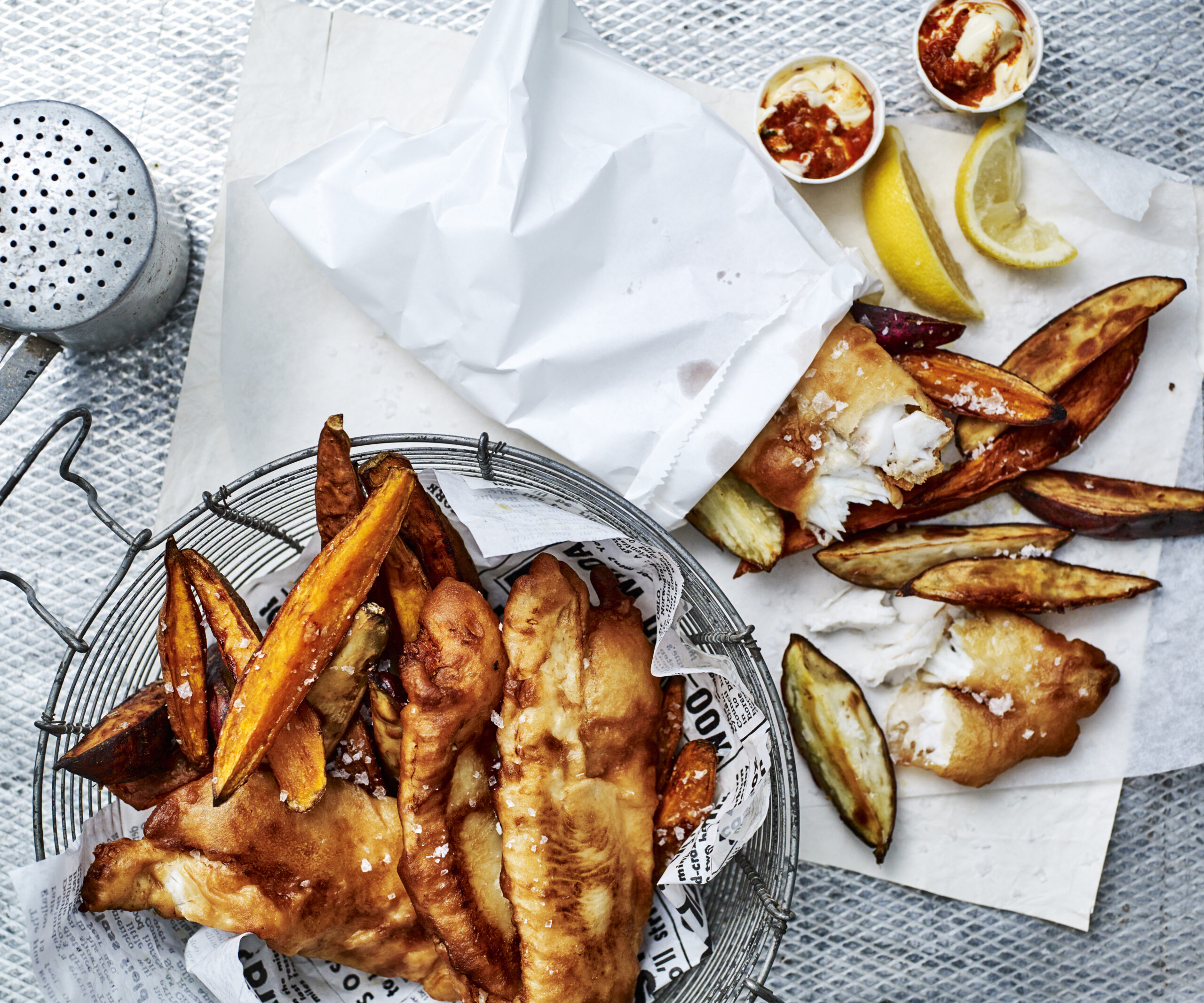 Cider-battered whiting with kimchi mayo