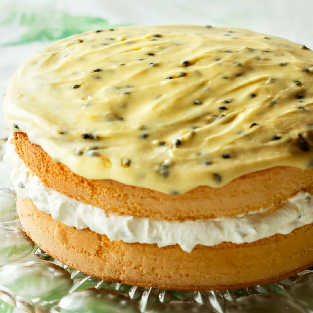 Feather sponge cake with passionfruit icing