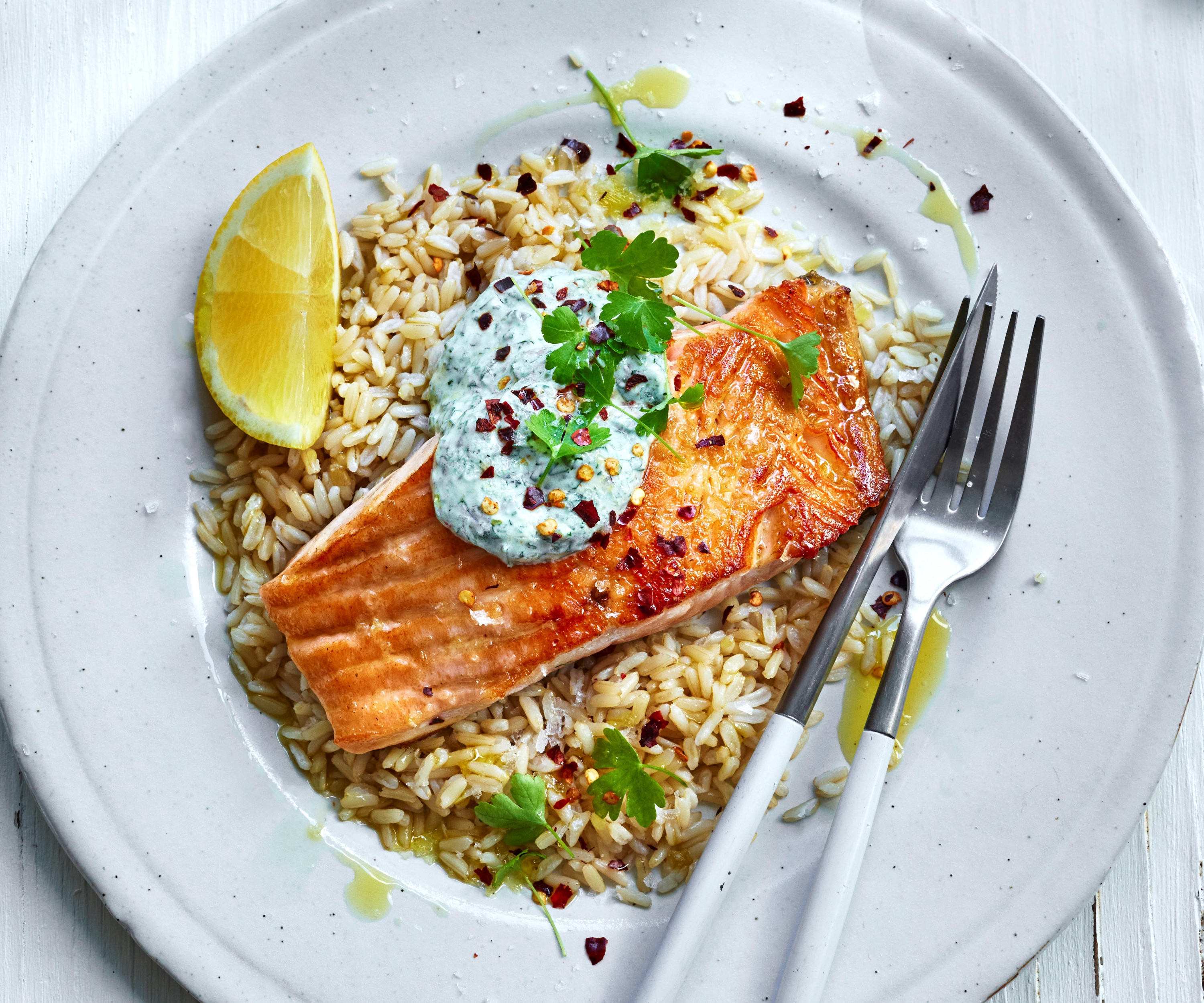 Crisp skin salmon with herb yoghurt