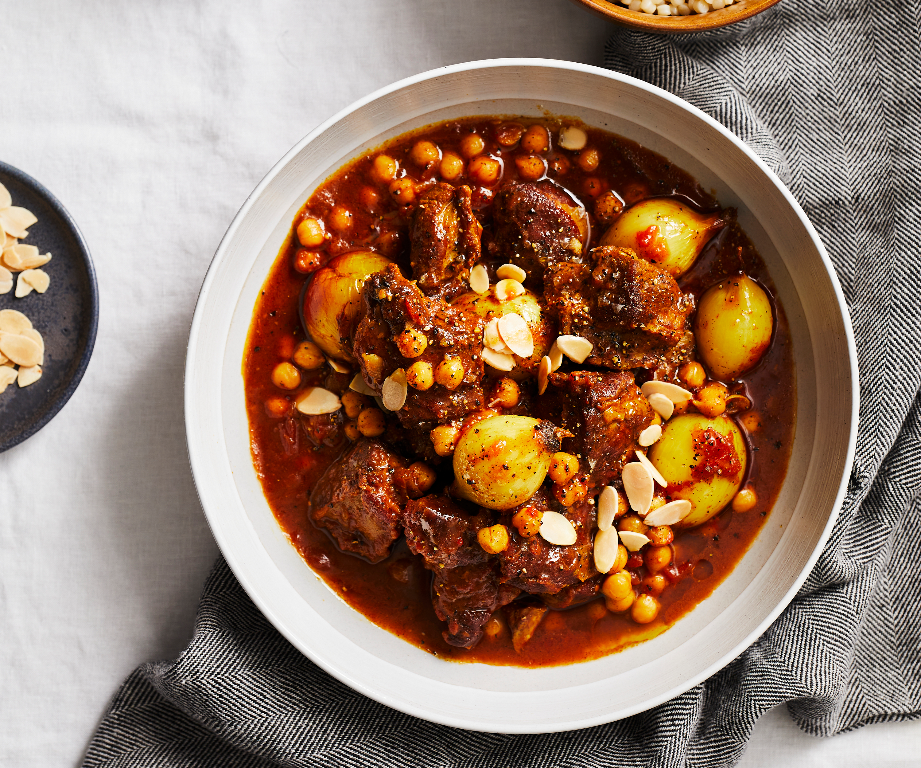 Bowl of Tunisian lamb stew with almonds.