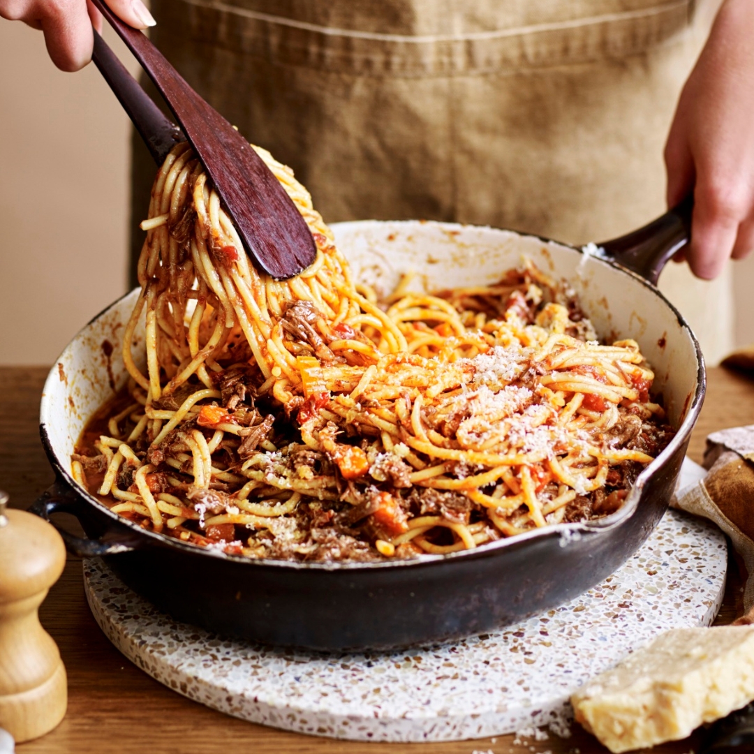 Pulled beef ragu with spaghetti